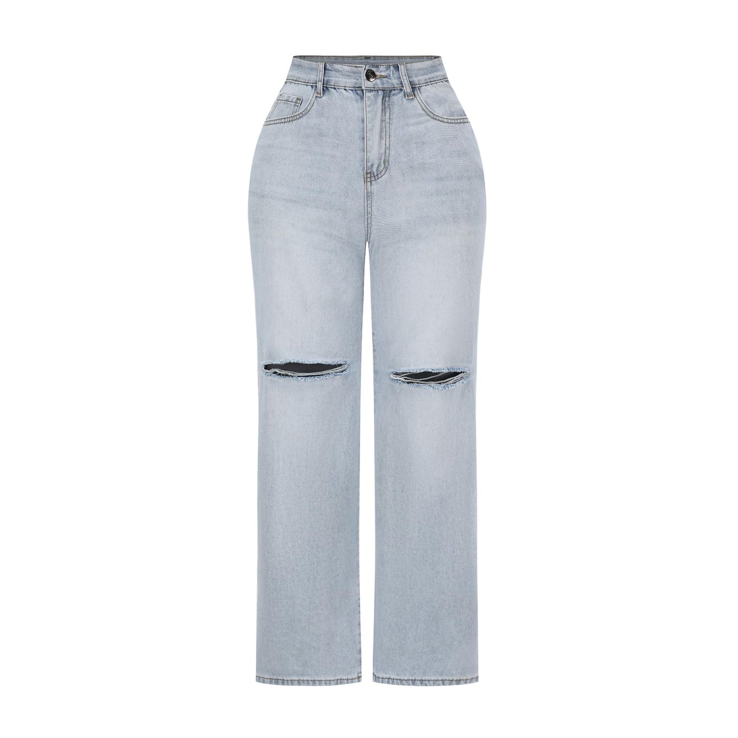 THUNDER STAR Womens High Waisted Wide Leg Jeans Stretchy Distressed Denim Pants Light Blue XXL