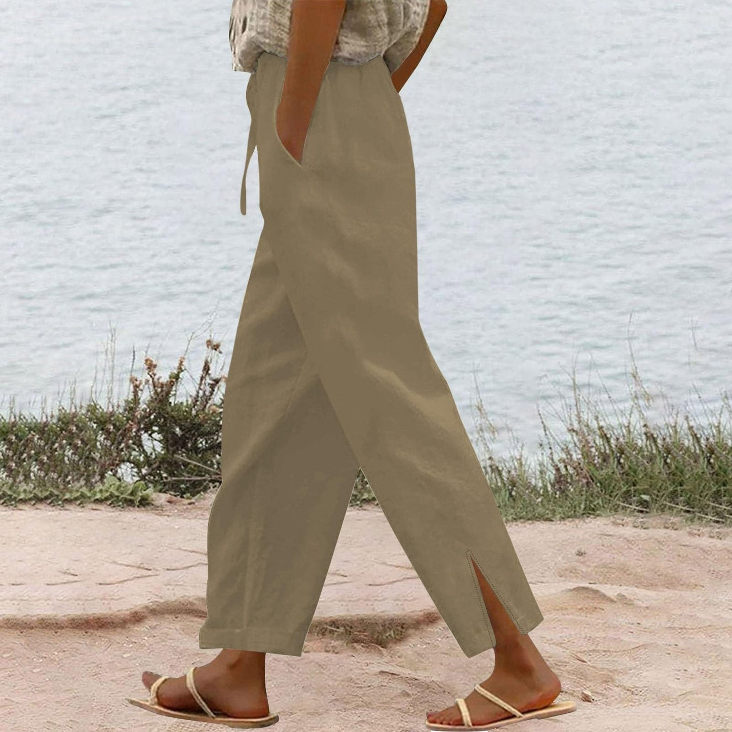 Womens Summer Pants Lightweight Casual Cotton Linen Pants for Women 2025 Summer Gauze Drawstring High Waisted Wide Leg Trousers Beach Vacation Clothes White XL