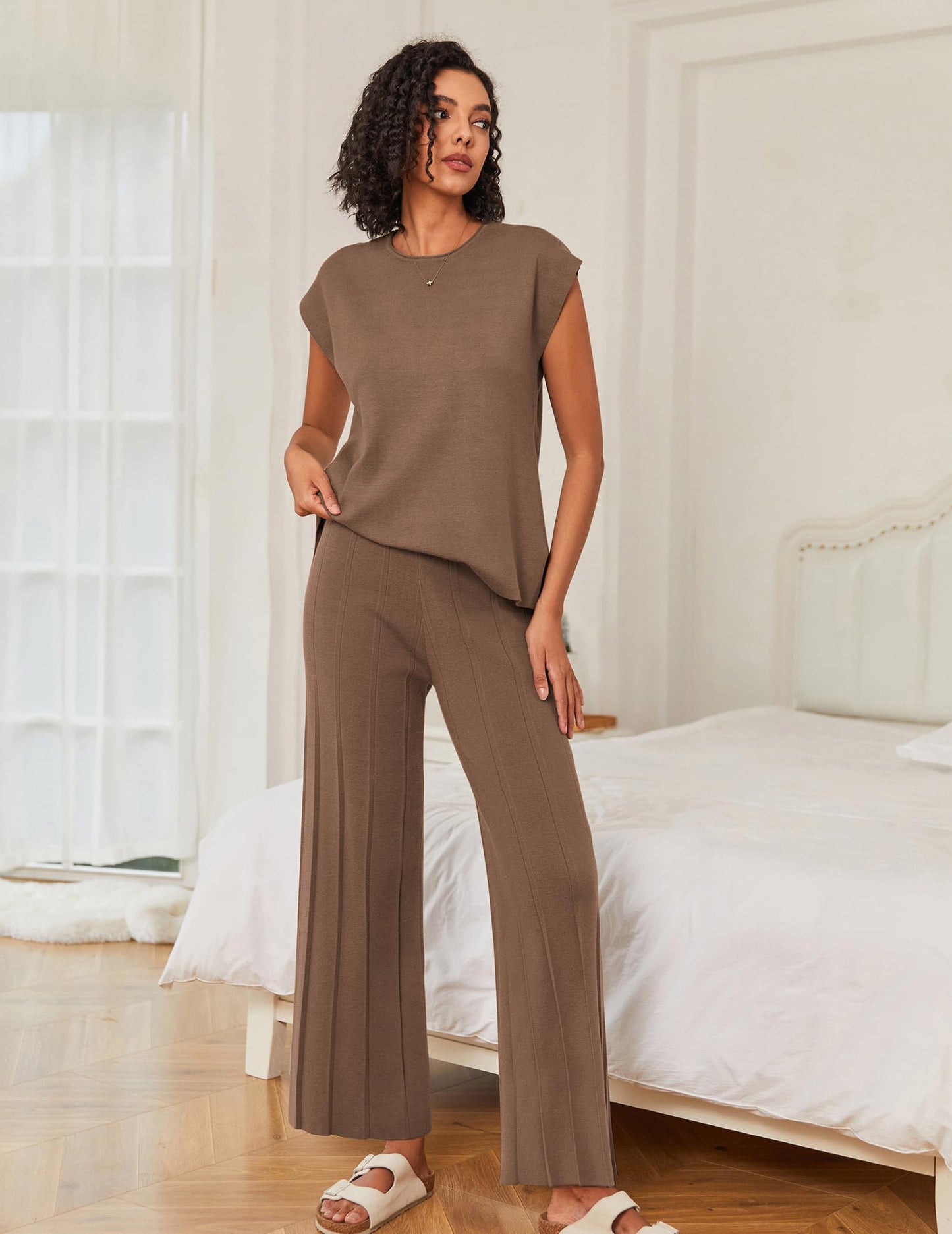 Ekouaer Lounge Sets for Women Two Piece Outfits Knit Cap Sleeve Tops Wide Leg Pleated Pants Casual Dressy Sweater Sets Beige