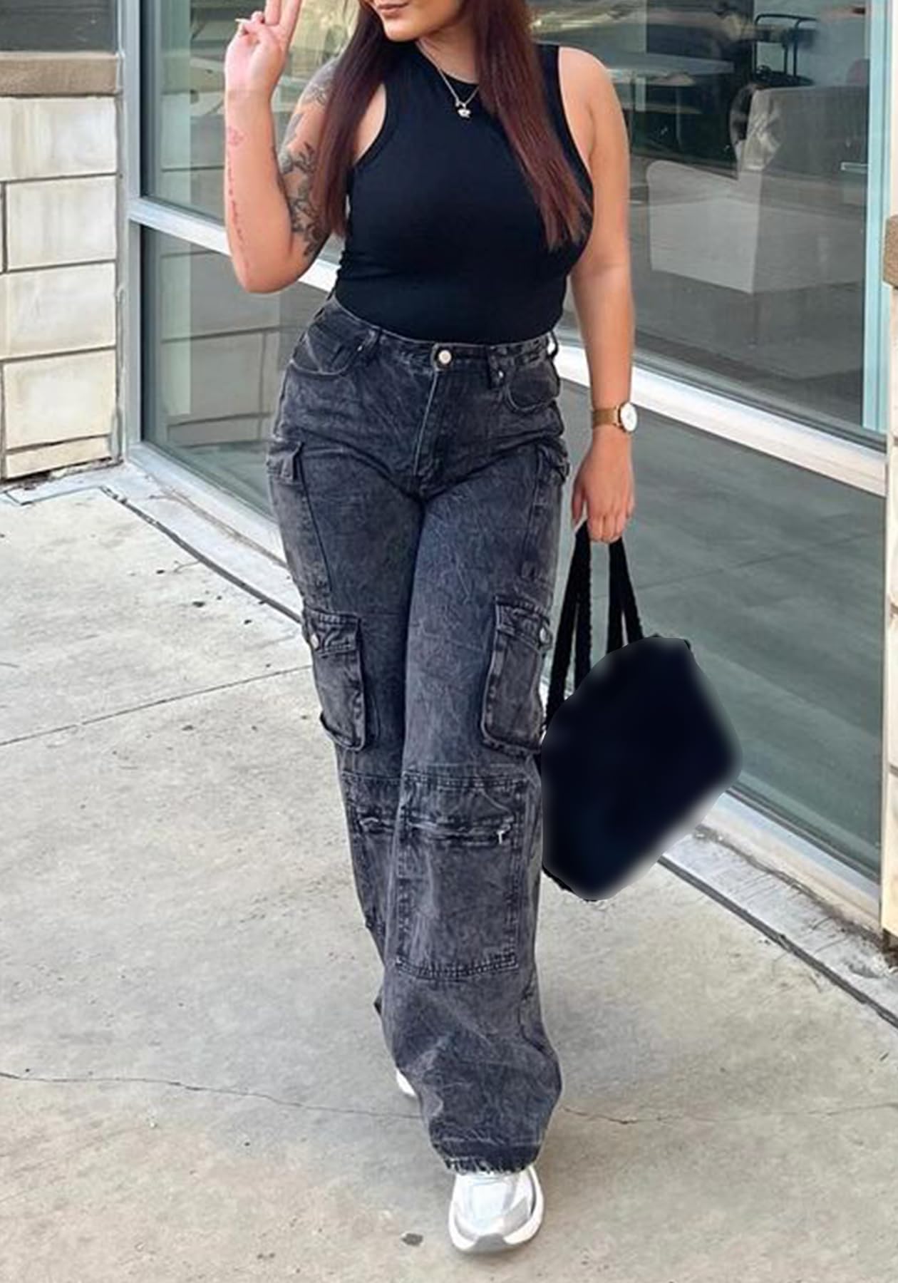 LKOUS Women's Y2K Baggy Straight Wide Leg Cargo Jeans, Streetwear High Waisted Denim Pant Grey