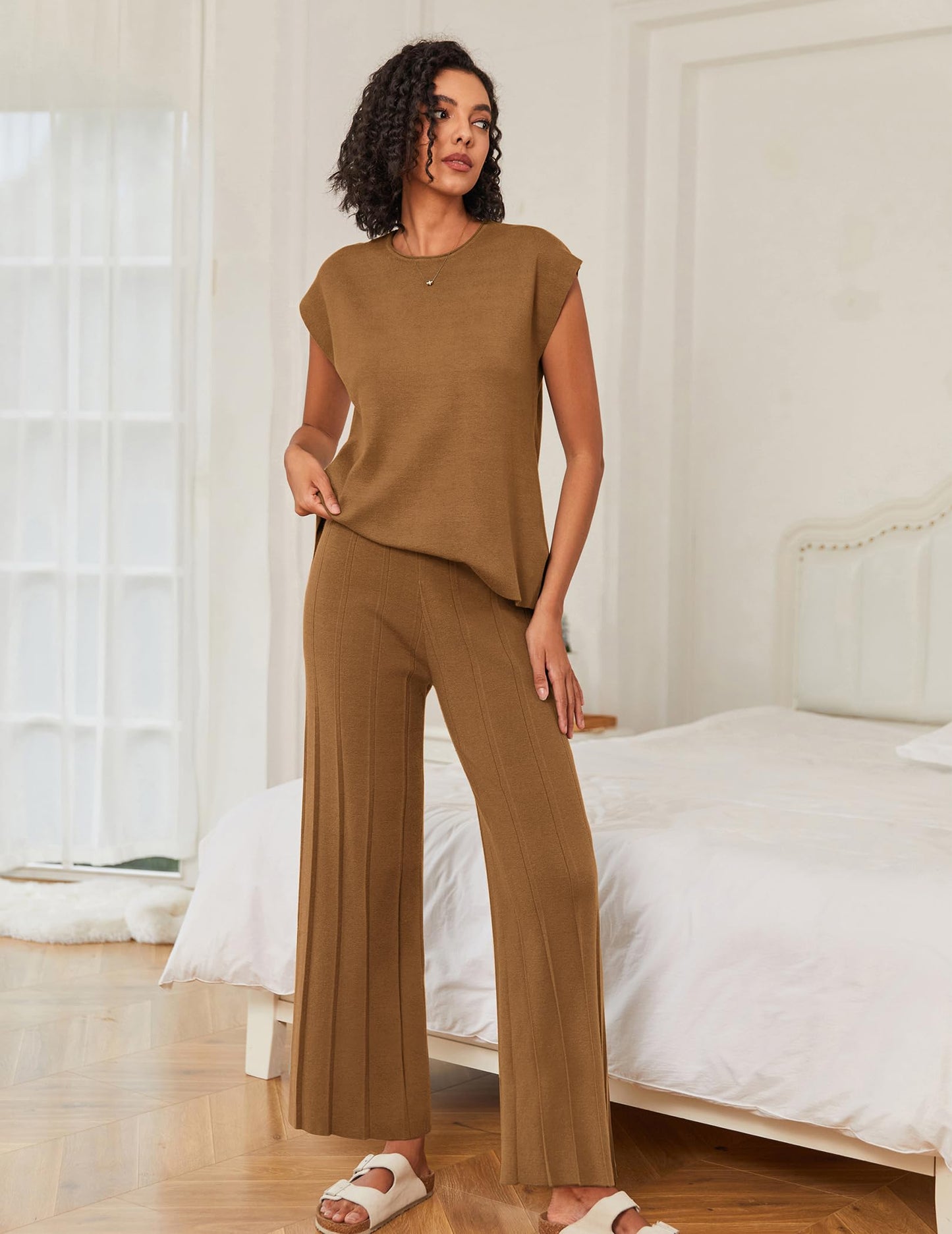 Ekouaer Lounge Sets for Women Two Piece Outfits Knit Cap Sleeve Tops Wide Leg Pleated Pants Casual Dressy Sweater Sets Beige