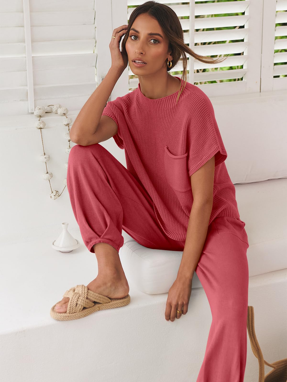 ANRABESS Women's Two Piece Outfits Knit Sweater Vest Crop Top Pants Lounge Matching Tracksuit Sweatsuit Travel Clothes Sets Pink X-Small