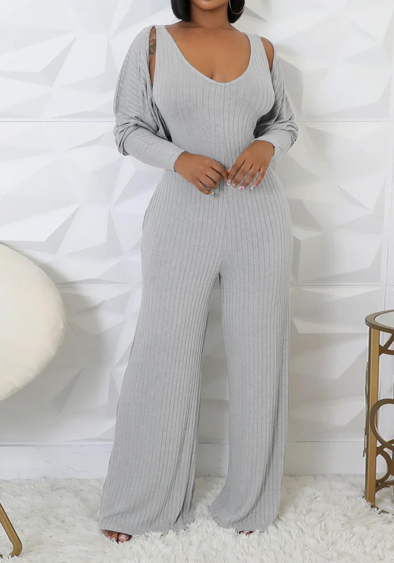 Vakkest Sexy Ribbed Knitted 2 Piece Jumpsuit Outfits for Women Long Sleeve Crop Cardigan Sweater Wide Leg Tank Romper Set