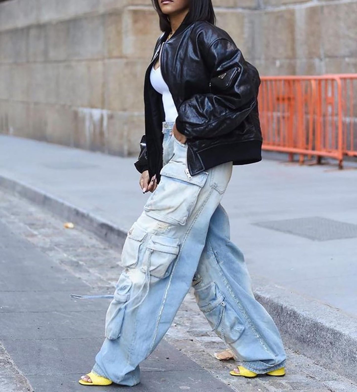 LKOUS Women's Y2K Baggy Straight Wide Leg Cargo Jeans, Streetwear High Waisted Denim Pant Grey