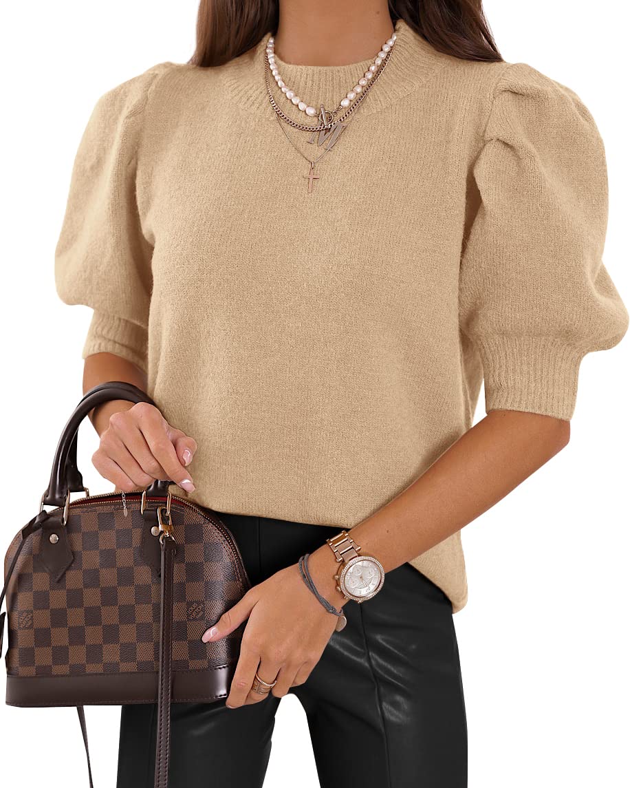 Women's Puff Short Sleeve Sweater Tops 2025 Spring Summer Trendy Crew Neck Casual T Shirts Blouses Beige