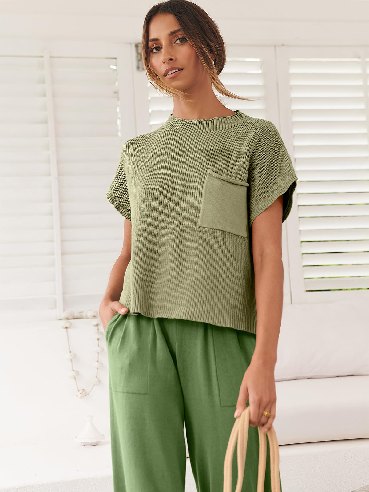 ANRABESS Women's Two Piece Outfits Knit Sweater Vest Crop Top Pants Lounge Matching Tracksuit Sweatsuit Travel Clothes Sets Pink X-Small