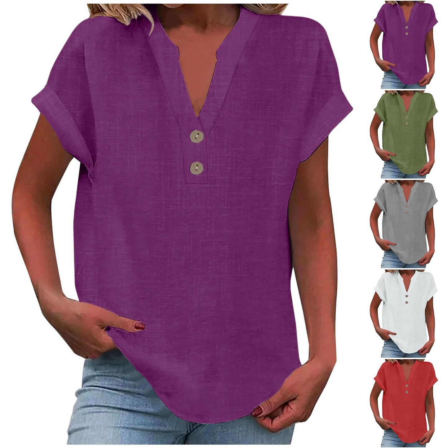 Big Spring Deals Summer Tops for Women 2025 Trendy Short Sleeve Cotton Linen Shirt Casual Button v Neck Tunic Blouses Outfits White Travel Shirts for Women M