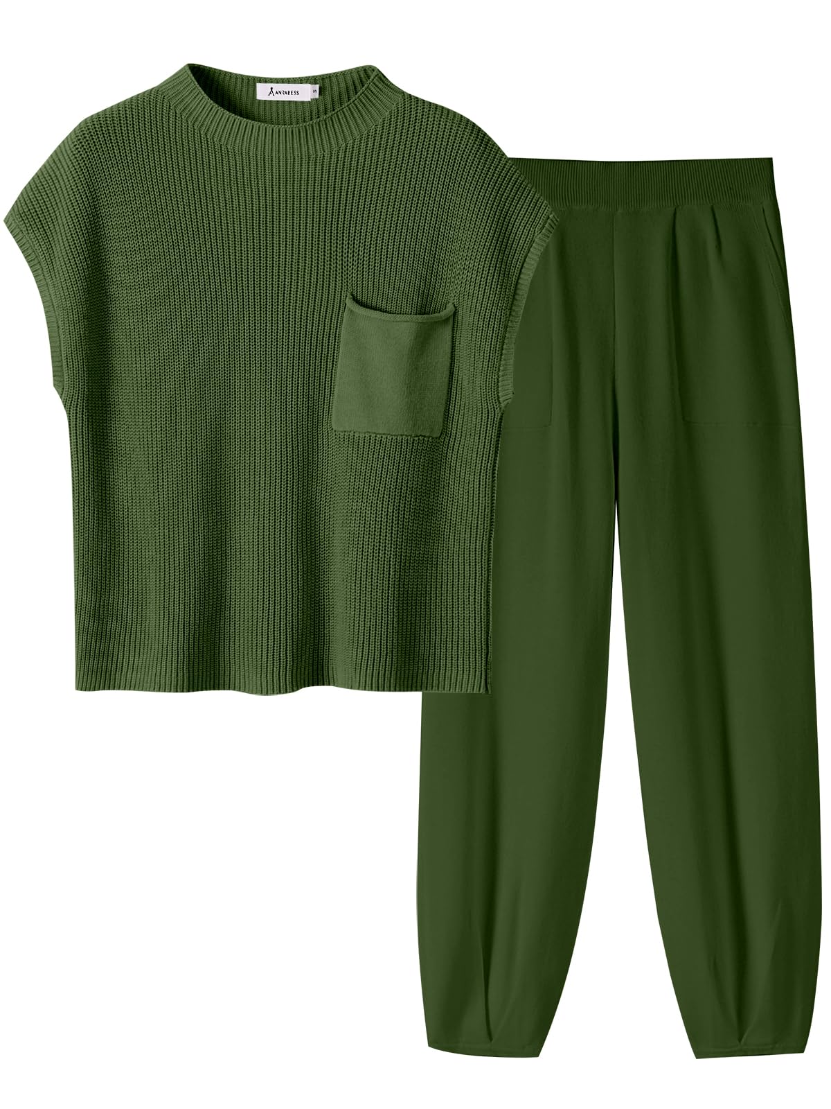 ANRABESS Women's Two Piece Outfits Knit Sweater Vest Crop Top Pants Lounge Matching Tracksuit Sweatsuit Travel Clothes Sets Pink X-Small