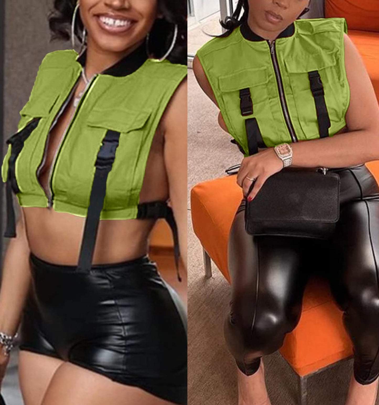 Bnigung Women's Sexy Crop Cargo Vest Sleeveless Buckle Zip Up Vest Jacket Tops Steampunk Streetwear with Pockets(Khaki,XL)