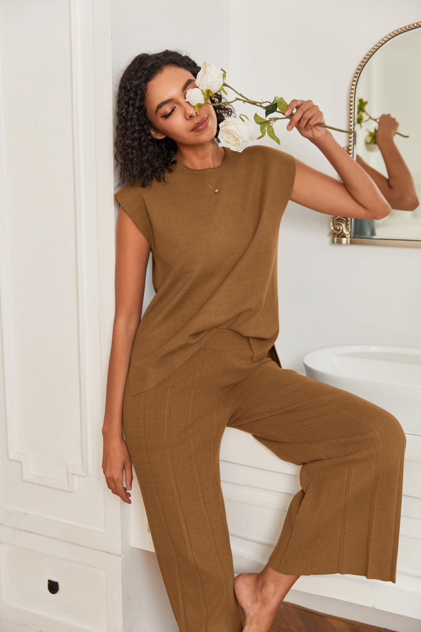 Ekouaer Lounge Sets for Women Two Piece Outfits Knit Cap Sleeve Tops Wide Leg Pleated Pants Casual Dressy Sweater Sets Beige
