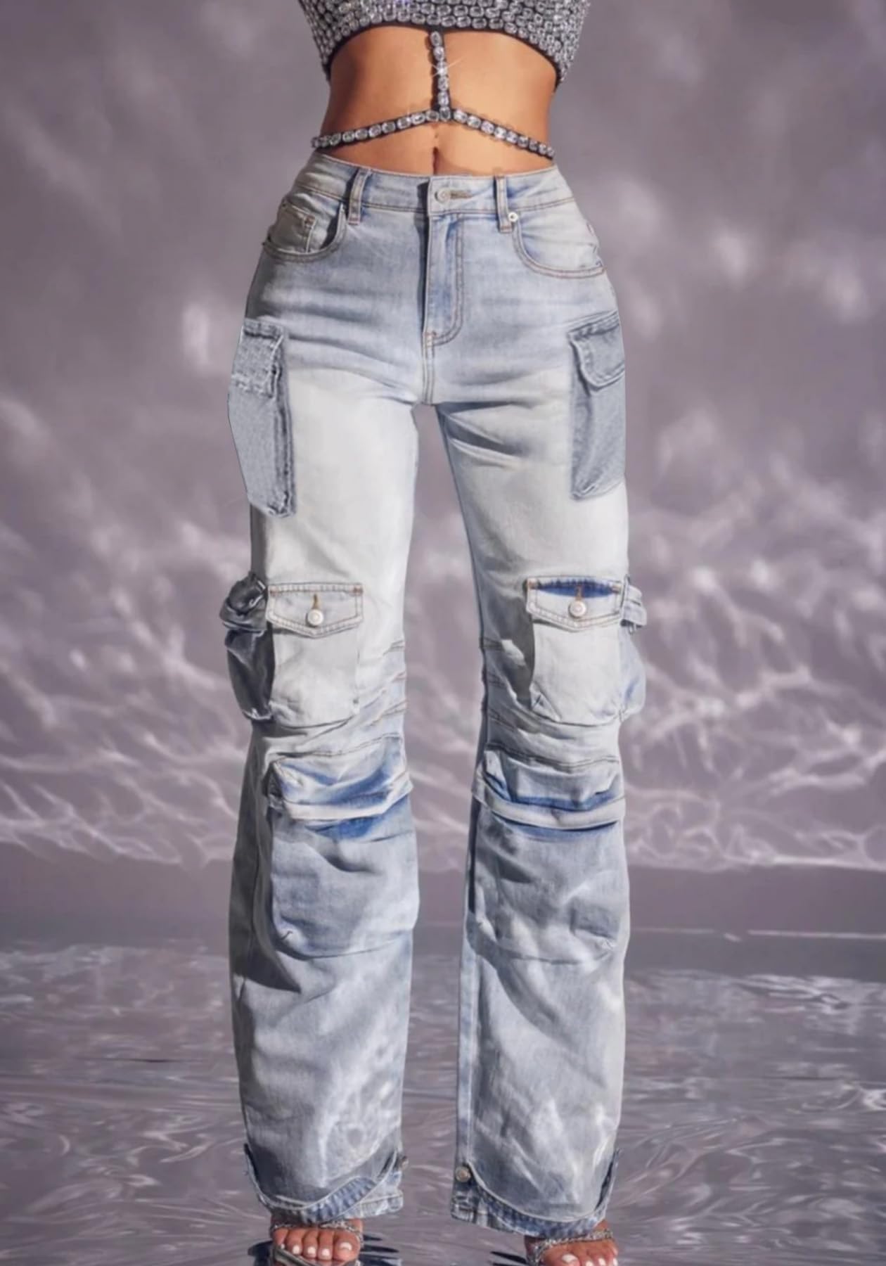 Unybwonn Sexy Pearl Sparkly Jeans for Women Cutout Bedazzled Elastic Baggy Cargo Denim Pants with Flap Pockets Blue