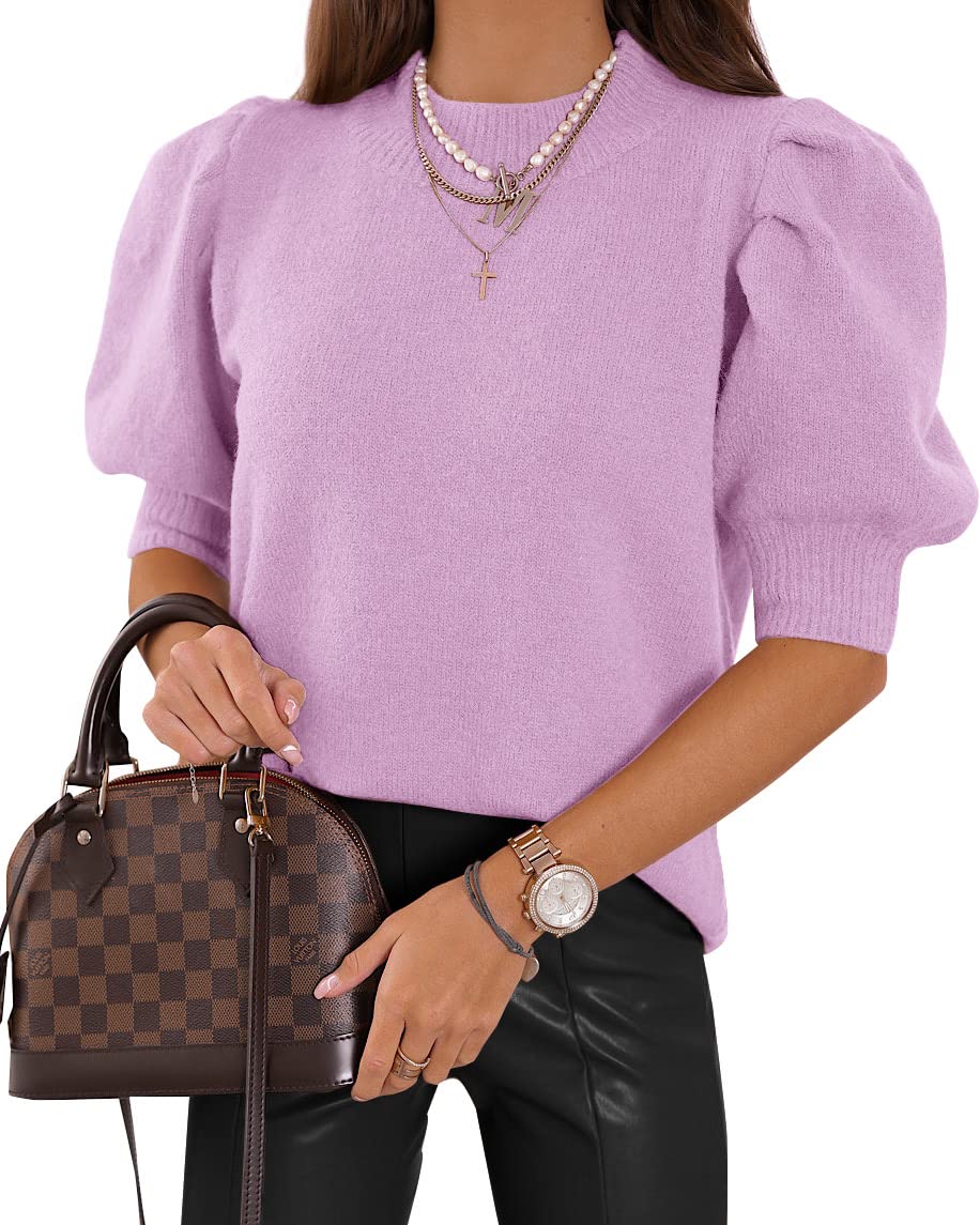 Women's Puff Short Sleeve Sweater Tops 2025 Spring Summer Trendy Crew Neck Casual T Shirts Blouses Beige