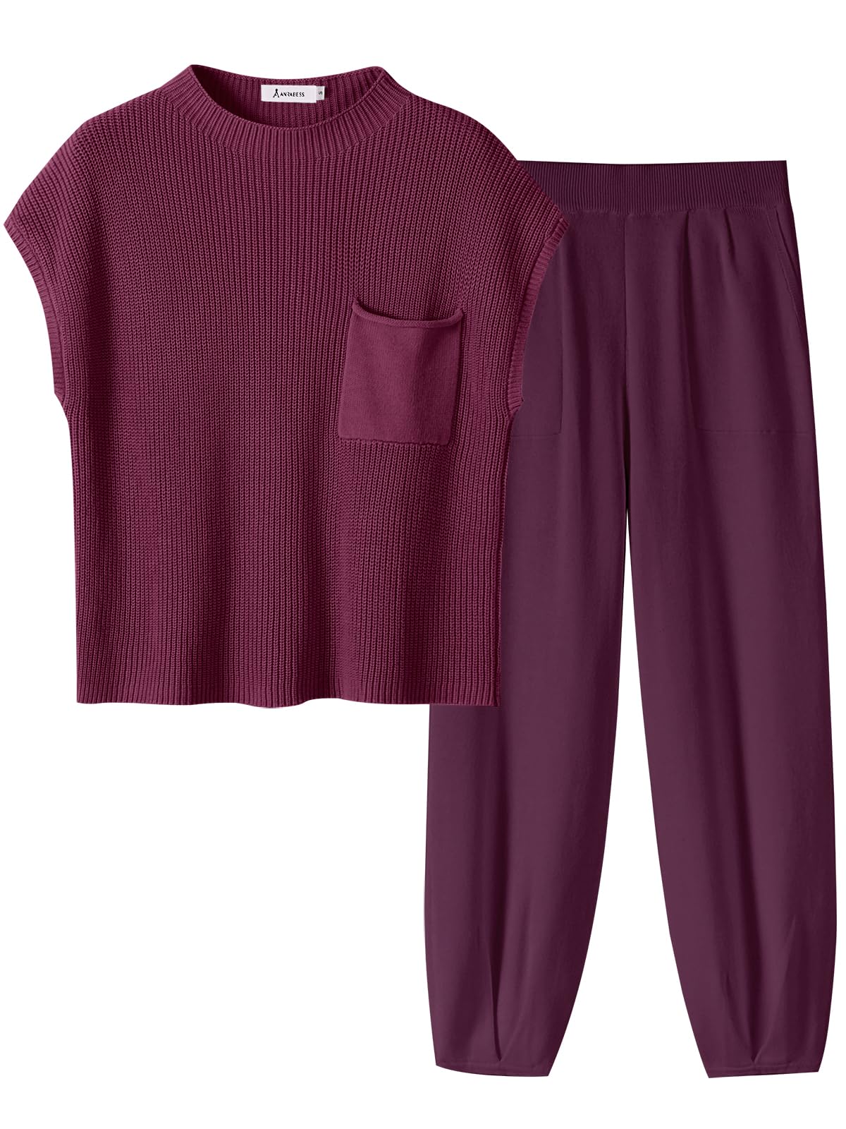 ANRABESS Women's Two Piece Outfits Knit Sweater Vest Crop Top Pants Lounge Matching Tracksuit Sweatsuit Travel Clothes Sets Pink X-Small