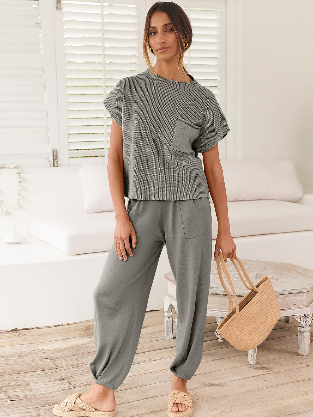 ANRABESS Women's Two Piece Outfits Knit Sweater Vest Crop Top Pants Lounge Matching Tracksuit Sweatsuit Travel Clothes Sets Pink X-Small