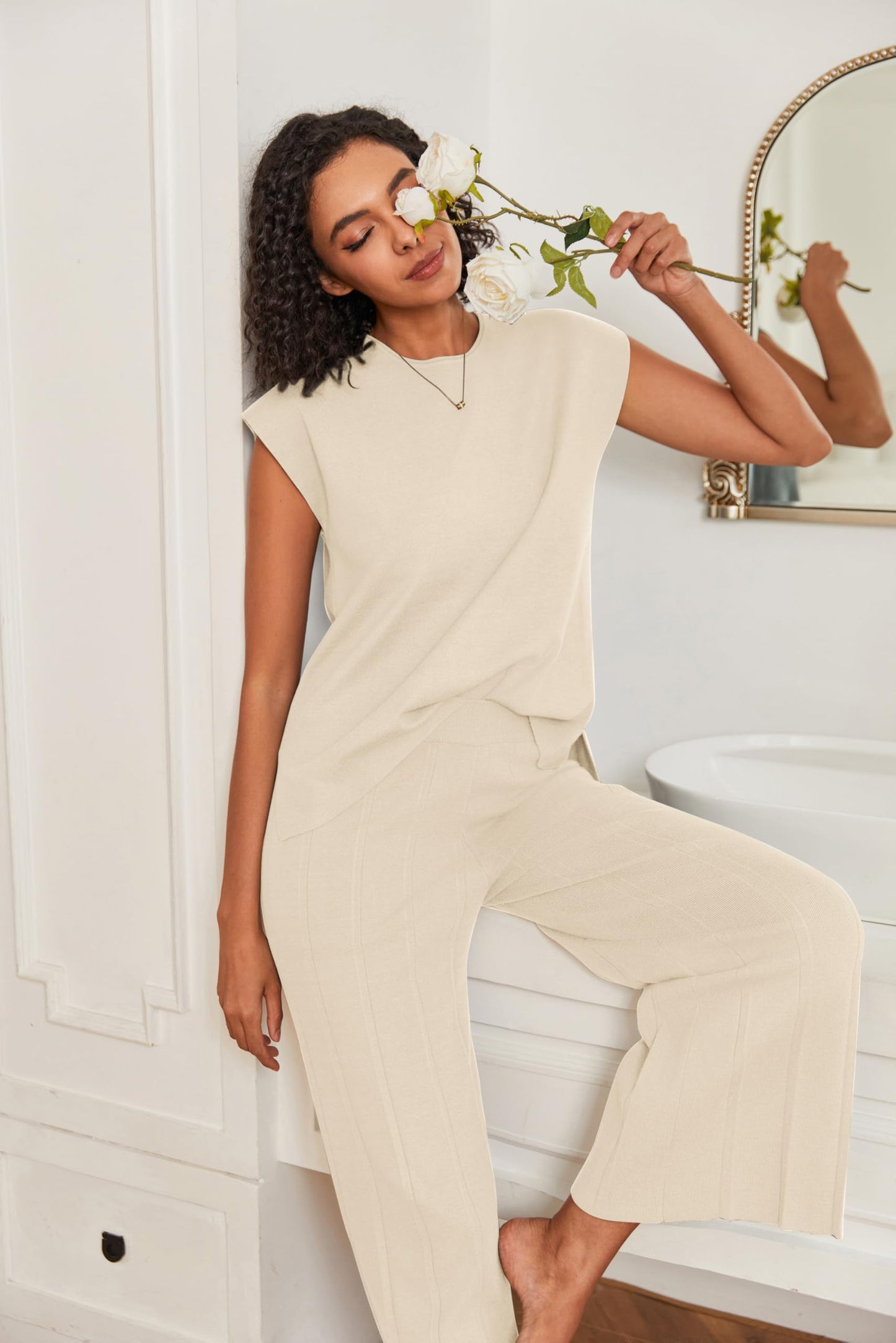 Ekouaer Lounge Sets for Women Two Piece Outfits Knit Cap Sleeve Tops Wide Leg Pleated Pants Casual Dressy Sweater Sets Beige