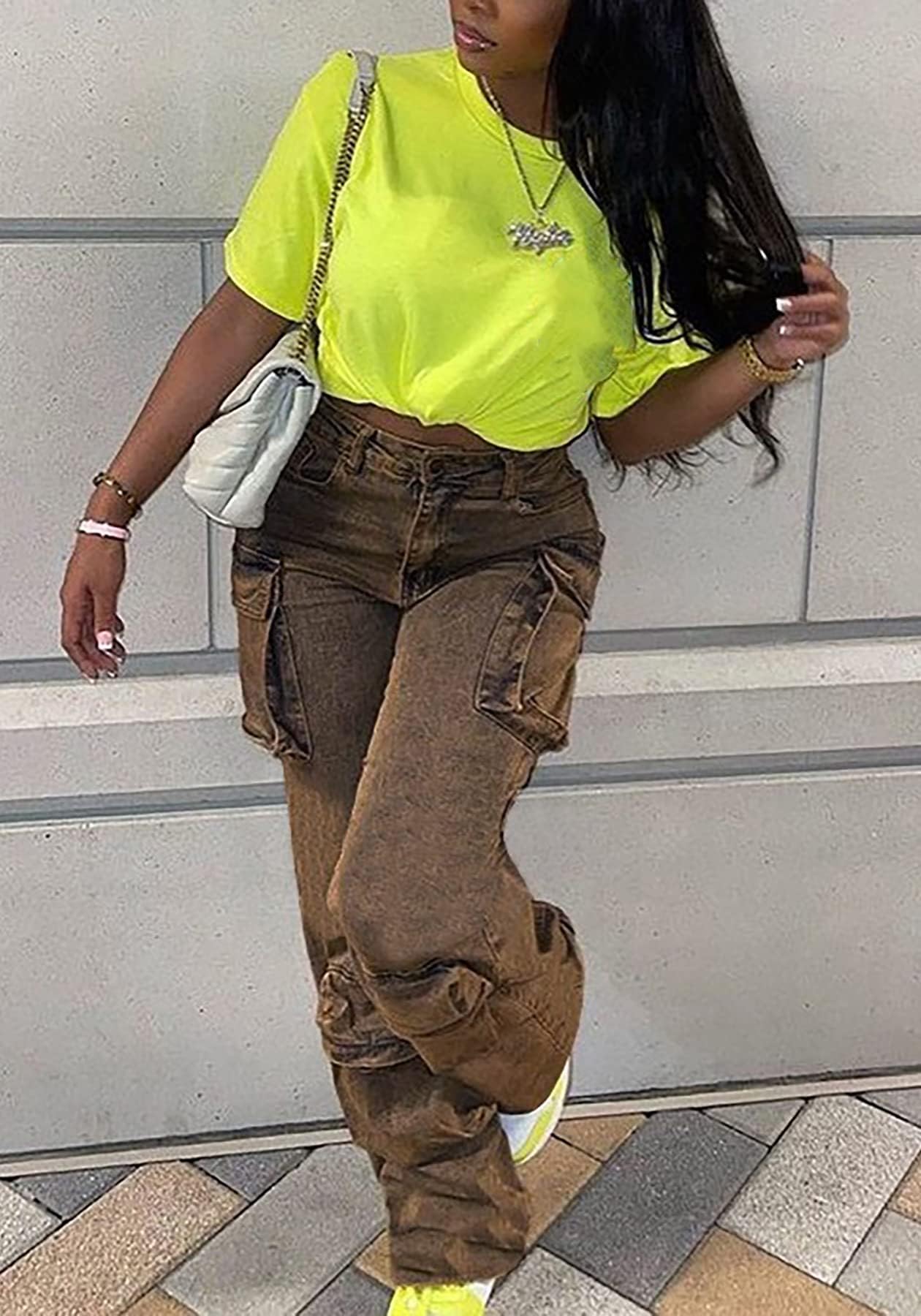 Women's Cargo Pants Y2K High Waist Baggy Jeans Flap Pocket Straight Leg Denim Pants Streetwear