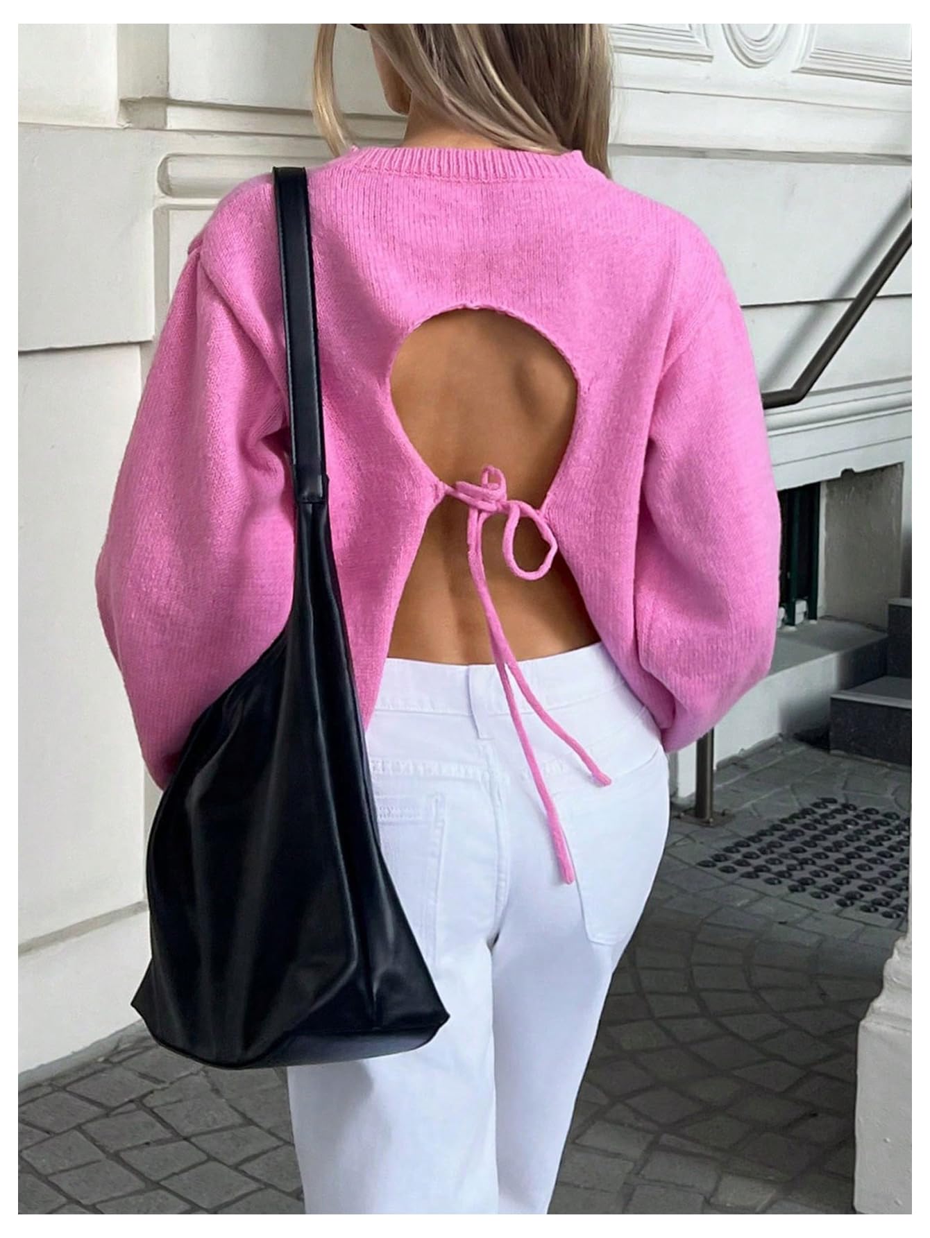GORGLITTER Women's Bow Open Back Sweater Top Trendy Long Sleeve Backless Drop Shoulder Mock Neck Cable Knit Sweaters Beige Large