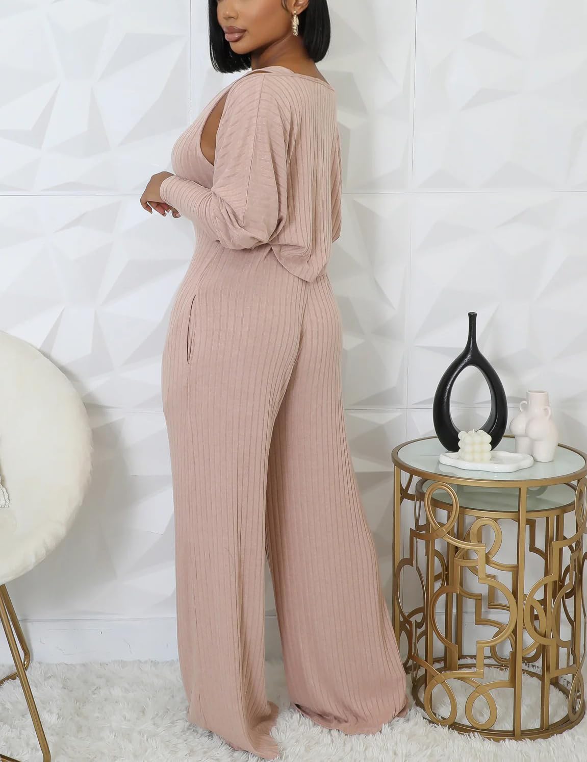 Vakkest Sexy Ribbed Knitted 2 Piece Jumpsuit Outfits for Women Long Sleeve Crop Cardigan Sweater Wide Leg Tank Romper Set