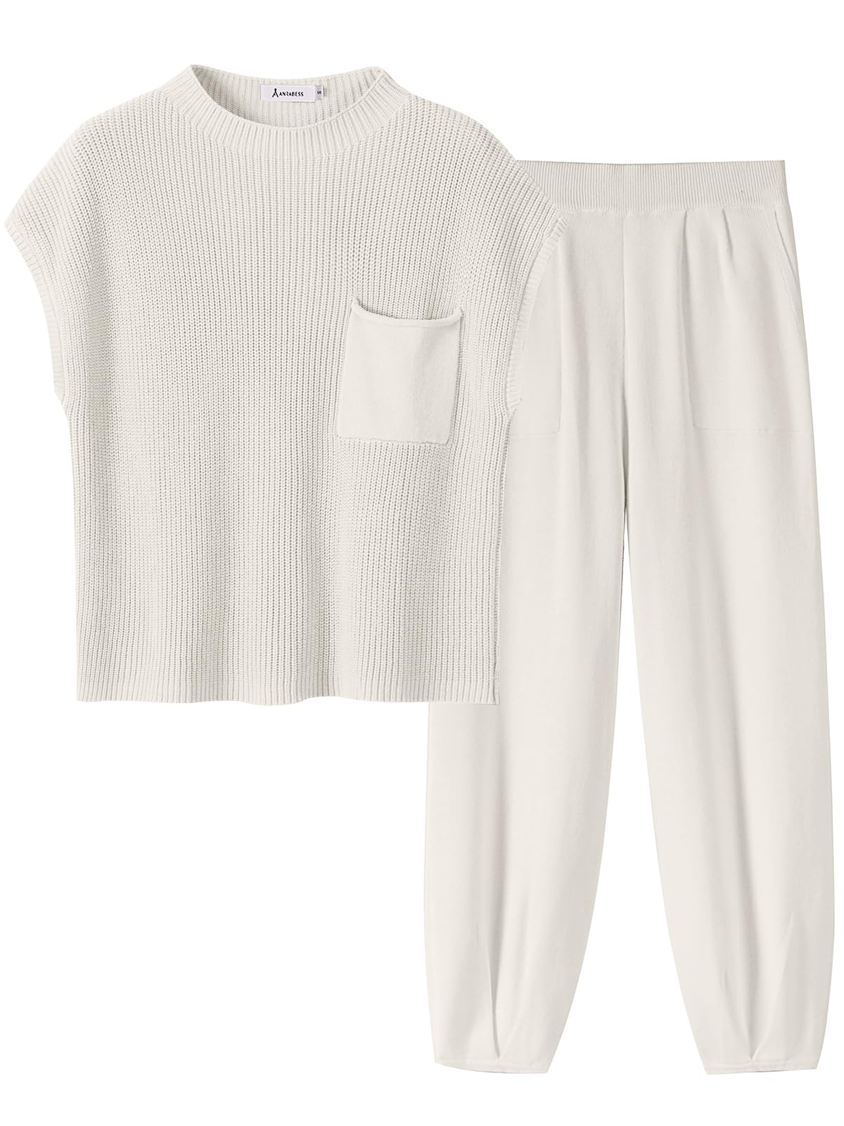 ANRABESS Women's Two Piece Outfits Knit Sweater Vest Crop Top Pants Lounge Matching Tracksuit Sweatsuit Travel Clothes Sets Pink X-Small