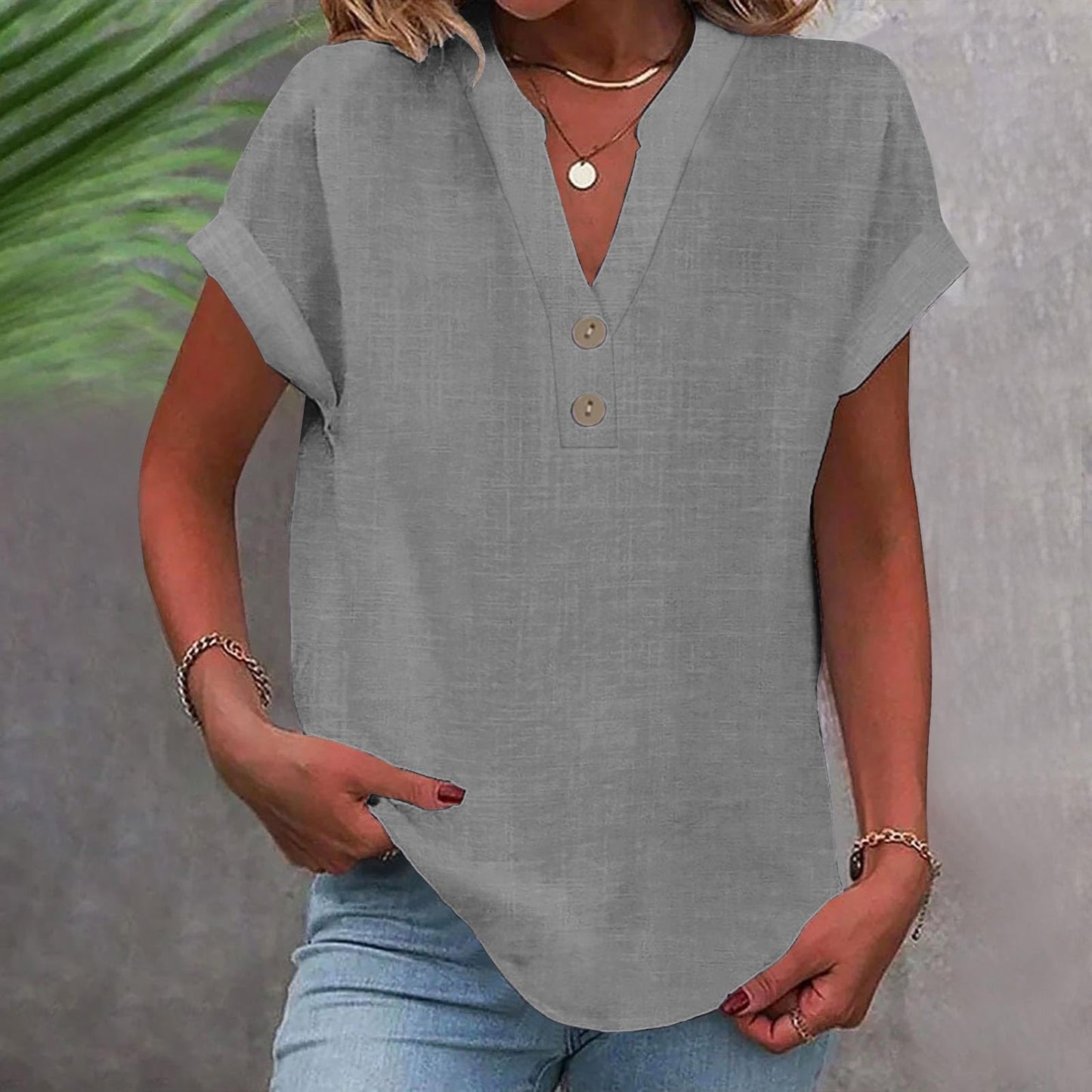 Big Spring Deals Summer Tops for Women 2025 Trendy Short Sleeve Cotton Linen Shirt Casual Button v Neck Tunic Blouses Outfits White Travel Shirts for Women M