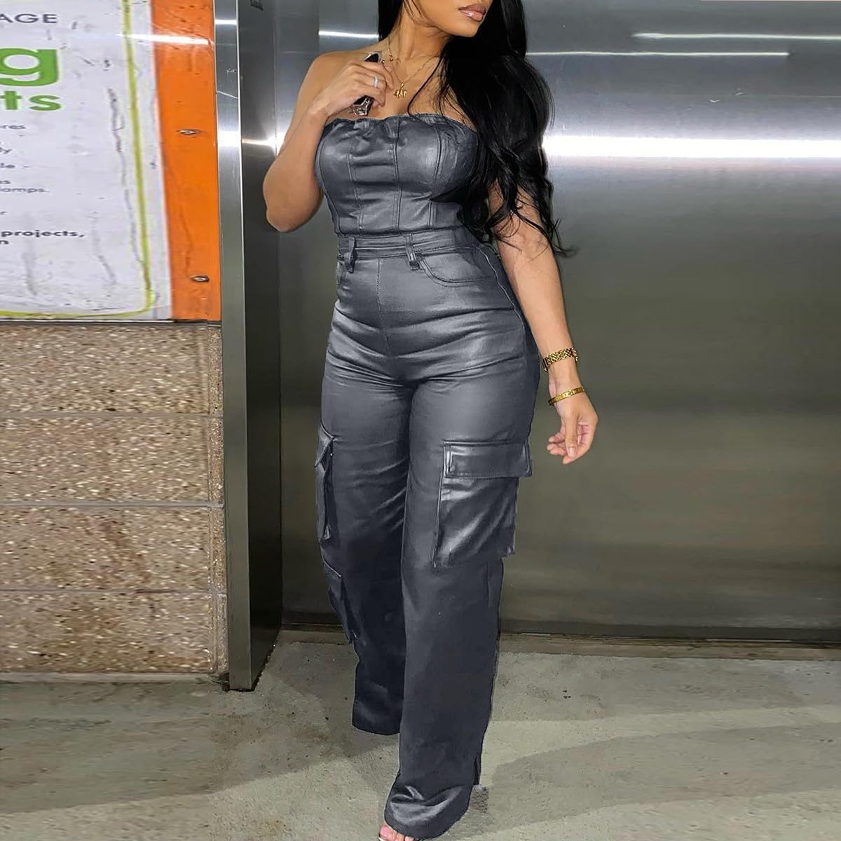 REASERAL Womens PU Leather Jumpsuit Sexy Off the Shoulder Top Tight Waist Cargo Pants Bodysuit