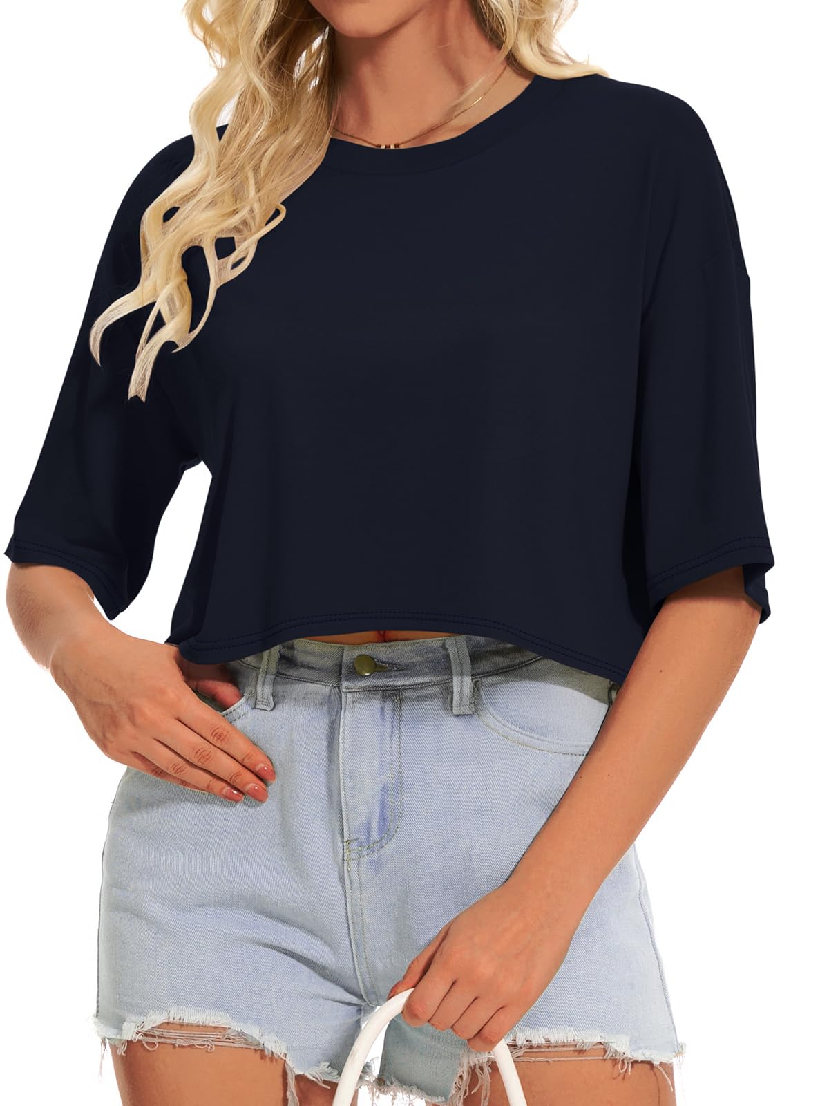 Summer Crop Tops for Womens Casual Half Sleeve Top Loose Fit Short Sleeve T Shirts Workout Oversized Tees(Black,M)
