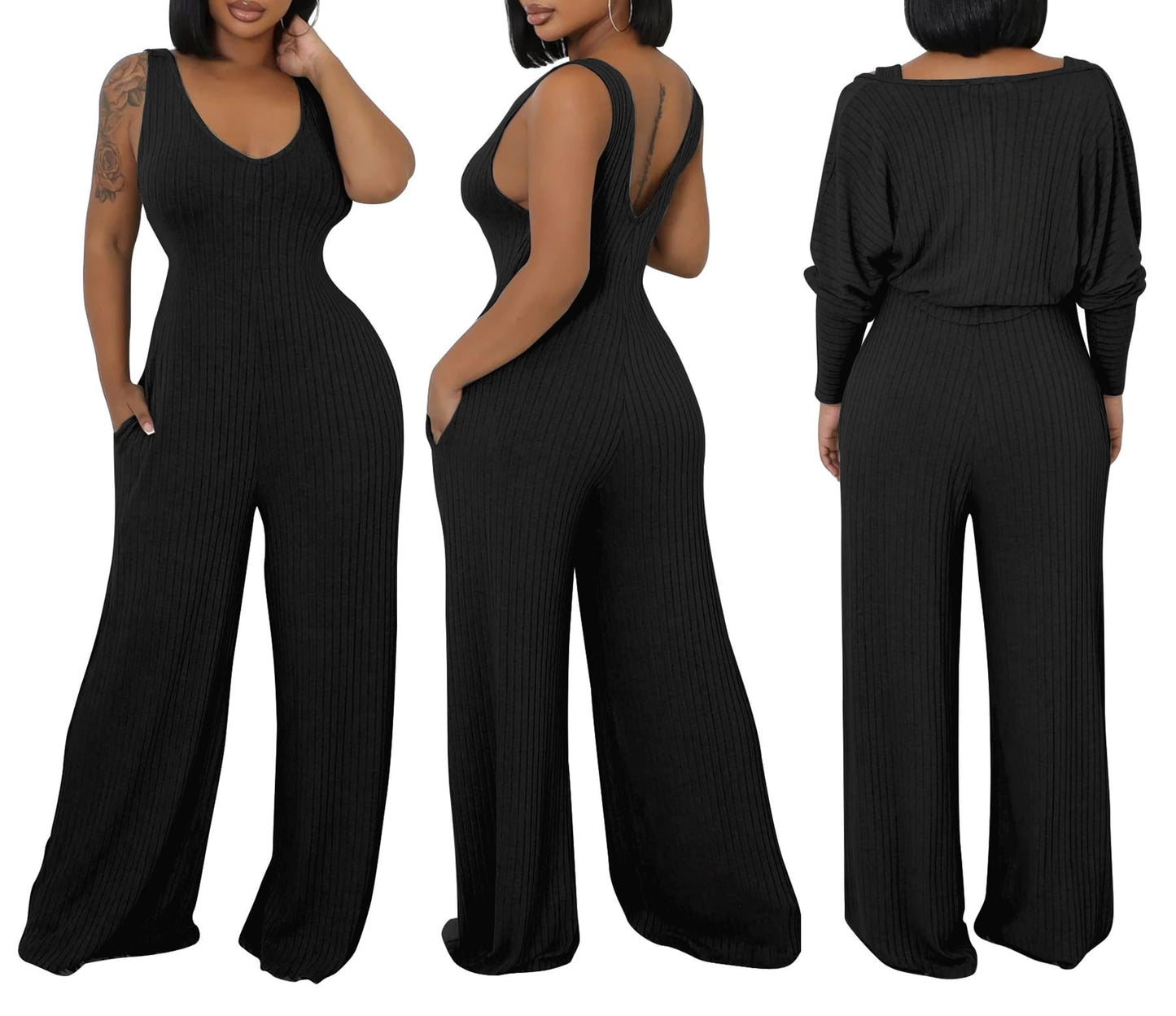 Vakkest Sexy Ribbed Knitted 2 Piece Jumpsuit Outfits for Women Long Sleeve Crop Cardigan Sweater Wide Leg Tank Romper Set