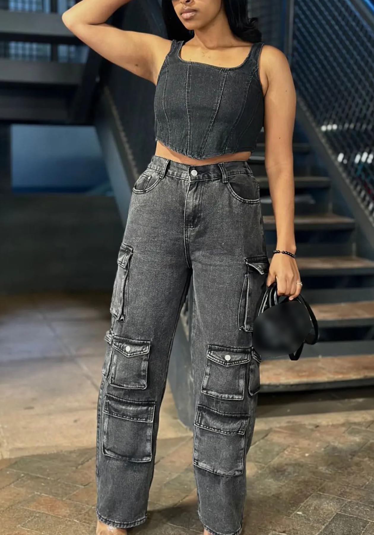 LKOUS Women's Y2K Baggy Straight Wide Leg Cargo Jeans, Streetwear High Waisted Denim Pant Grey