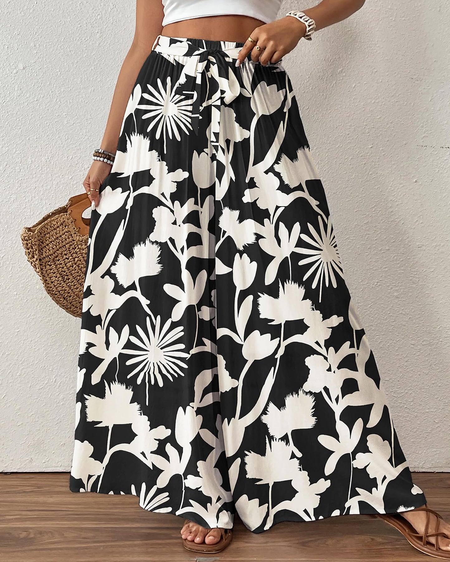 Bsubseach Wide Leg Pants Woman Flowy Floral Palazzo Pants for Women High Waisted Summer Casual Trousers Cruise Outfits Dark Green XS