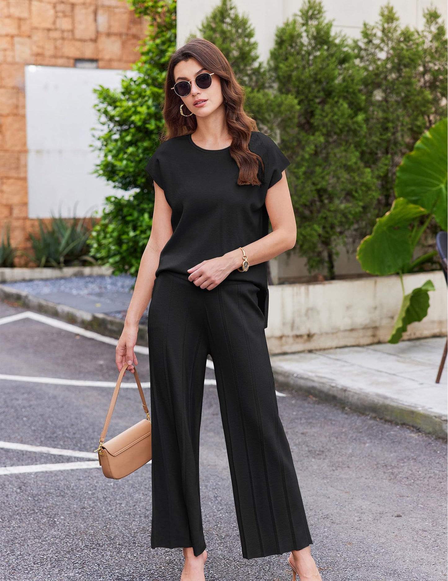 Ekouaer Lounge Sets for Women Two Piece Outfits Knit Cap Sleeve Tops Wide Leg Pleated Pants Casual Dressy Sweater Sets Beige