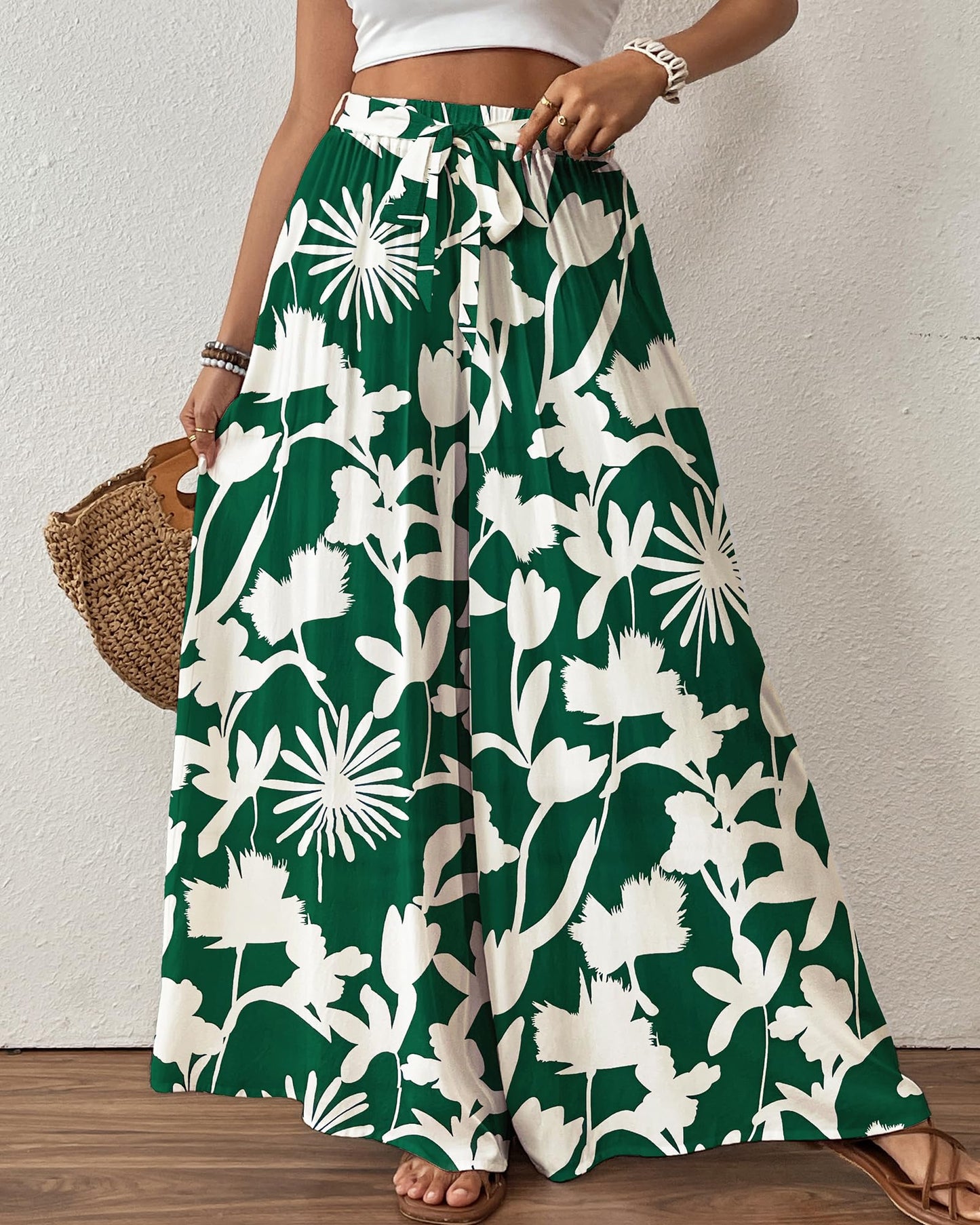 Bsubseach Wide Leg Pants Woman Flowy Floral Palazzo Pants for Women High Waisted Summer Casual Trousers Cruise Outfits Dark Green XS