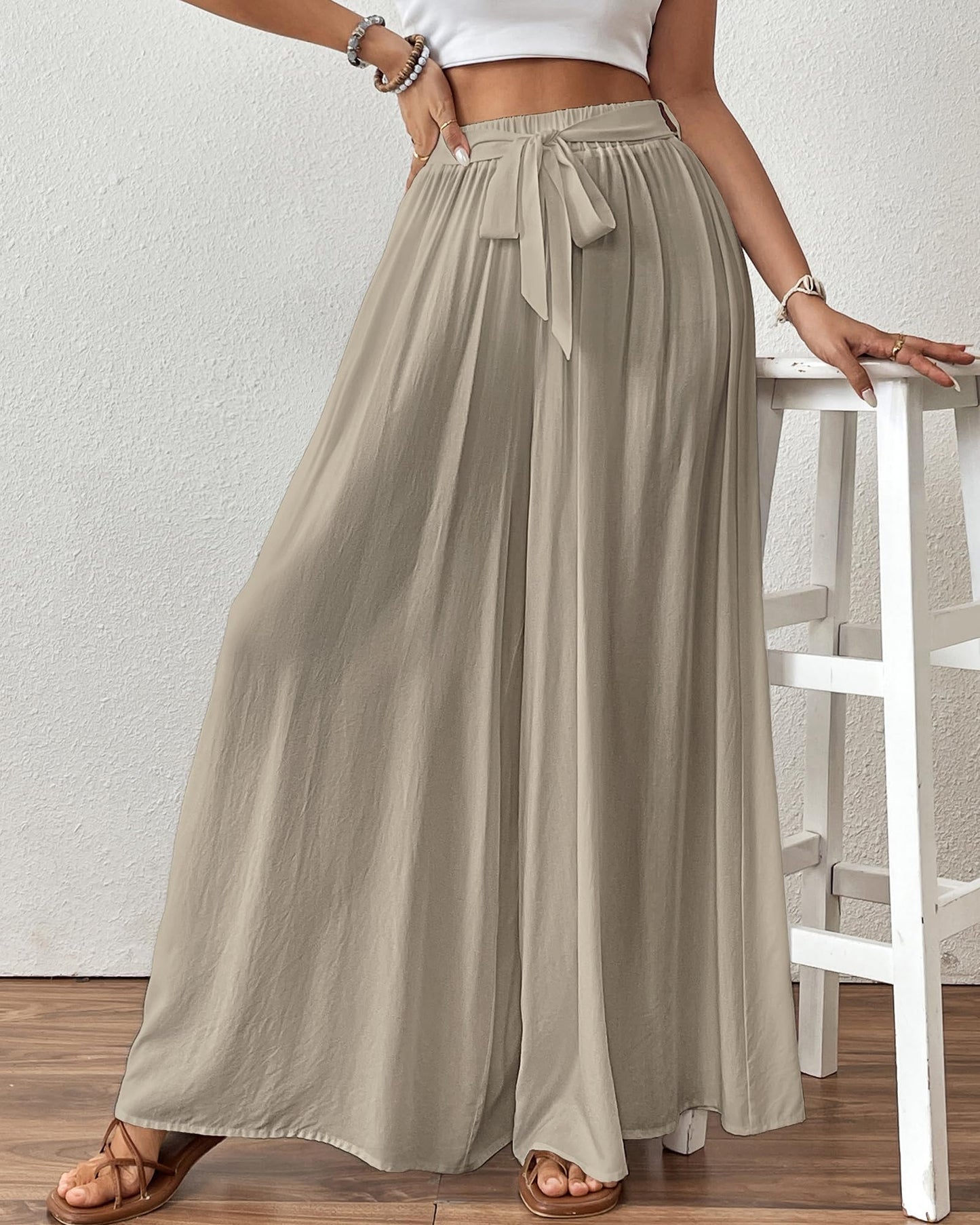 Bsubseach Wide Leg Pants Woman Flowy Floral Palazzo Pants for Women High Waisted Summer Casual Trousers Cruise Outfits Dark Green XS