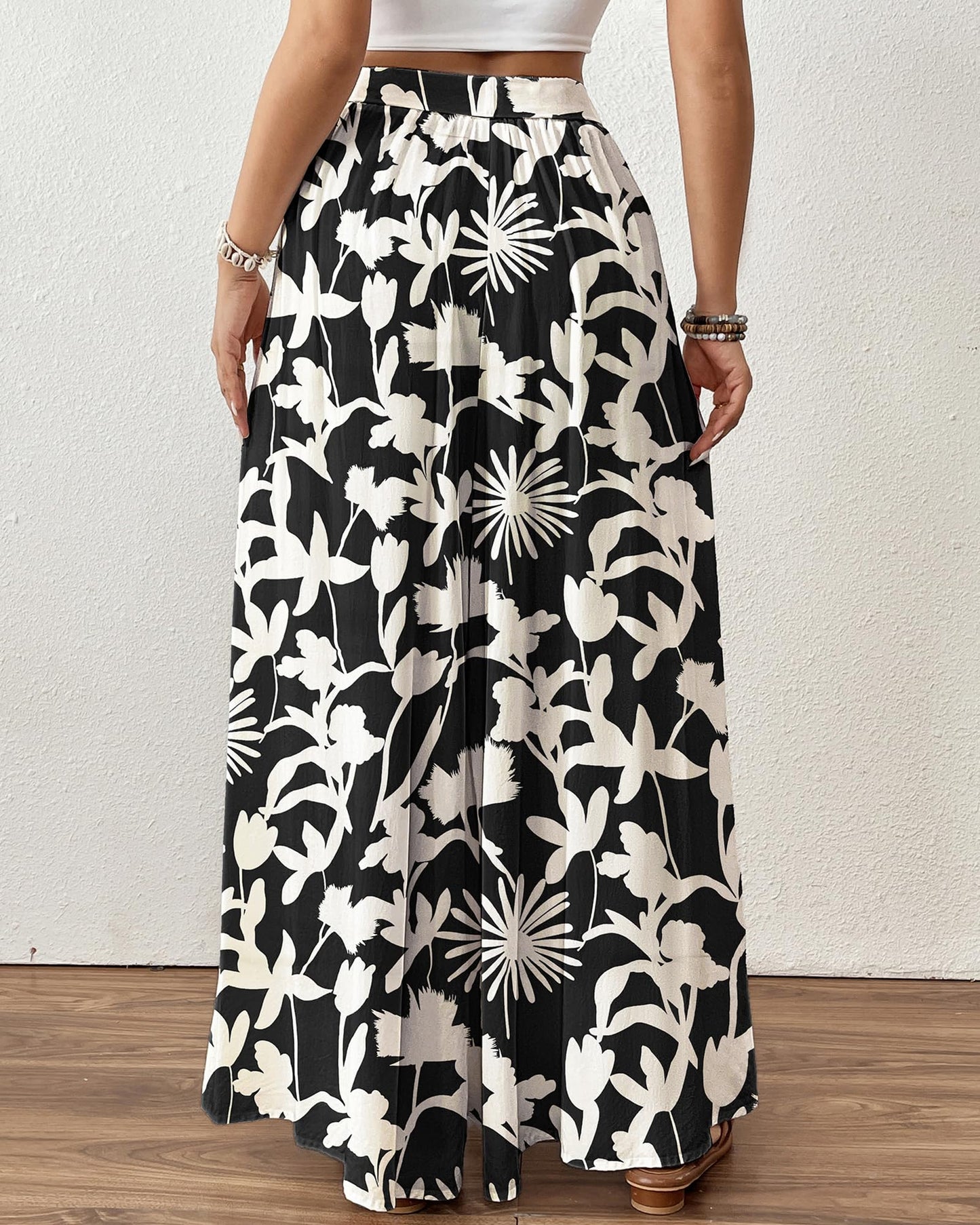 Bsubseach Wide Leg Pants Woman Flowy Floral Palazzo Pants for Women High Waisted Summer Casual Trousers Cruise Outfits Dark Green XS