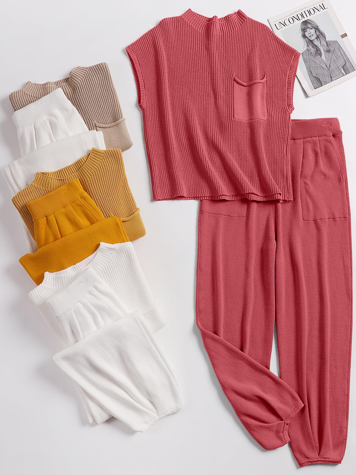 ANRABESS Women's Two Piece Outfits Knit Sweater Vest Crop Top Pants Lounge Matching Tracksuit Sweatsuit Travel Clothes Sets Pink X-Small