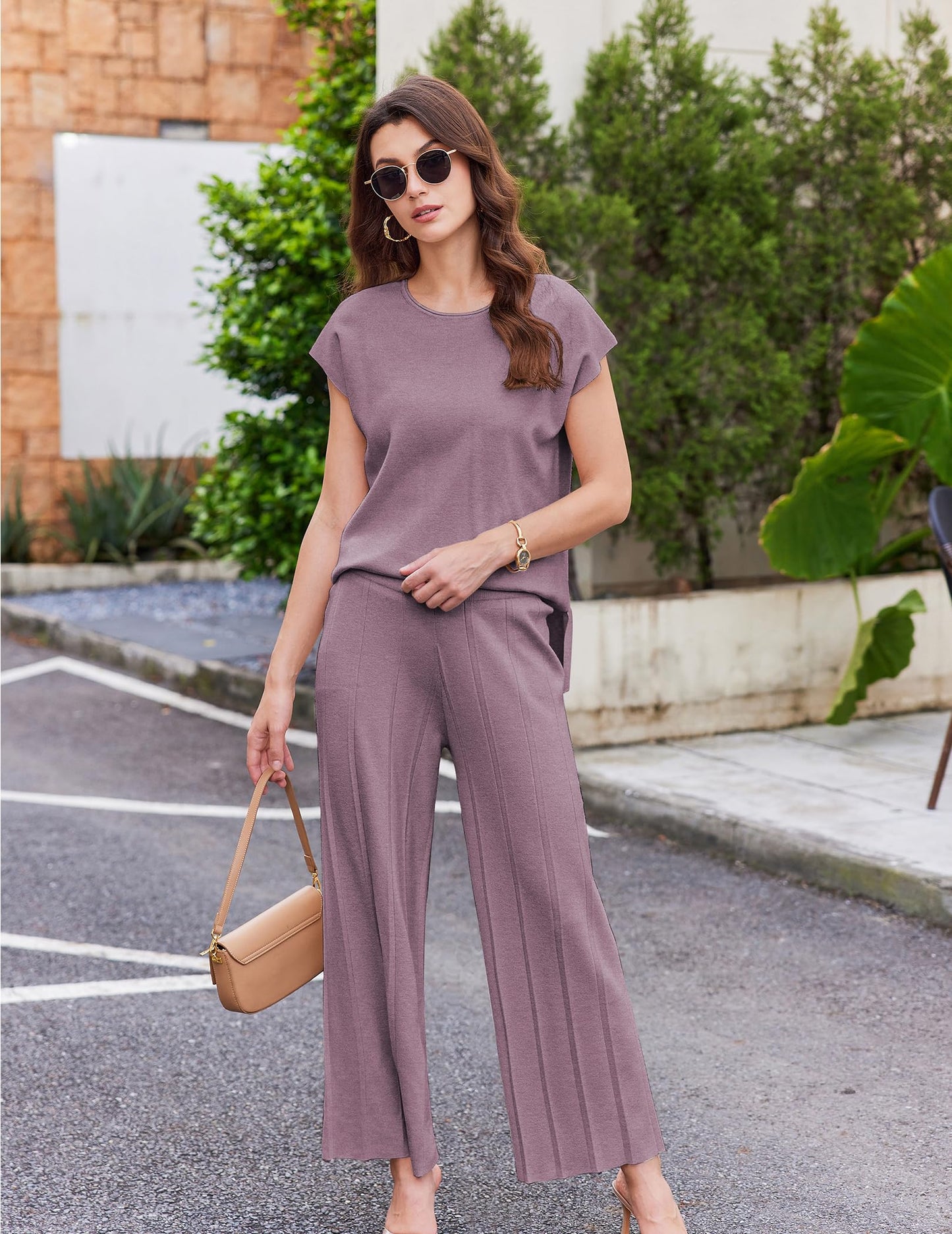 Ekouaer Lounge Sets for Women Two Piece Outfits Knit Cap Sleeve Tops Wide Leg Pleated Pants Casual Dressy Sweater Sets Beige