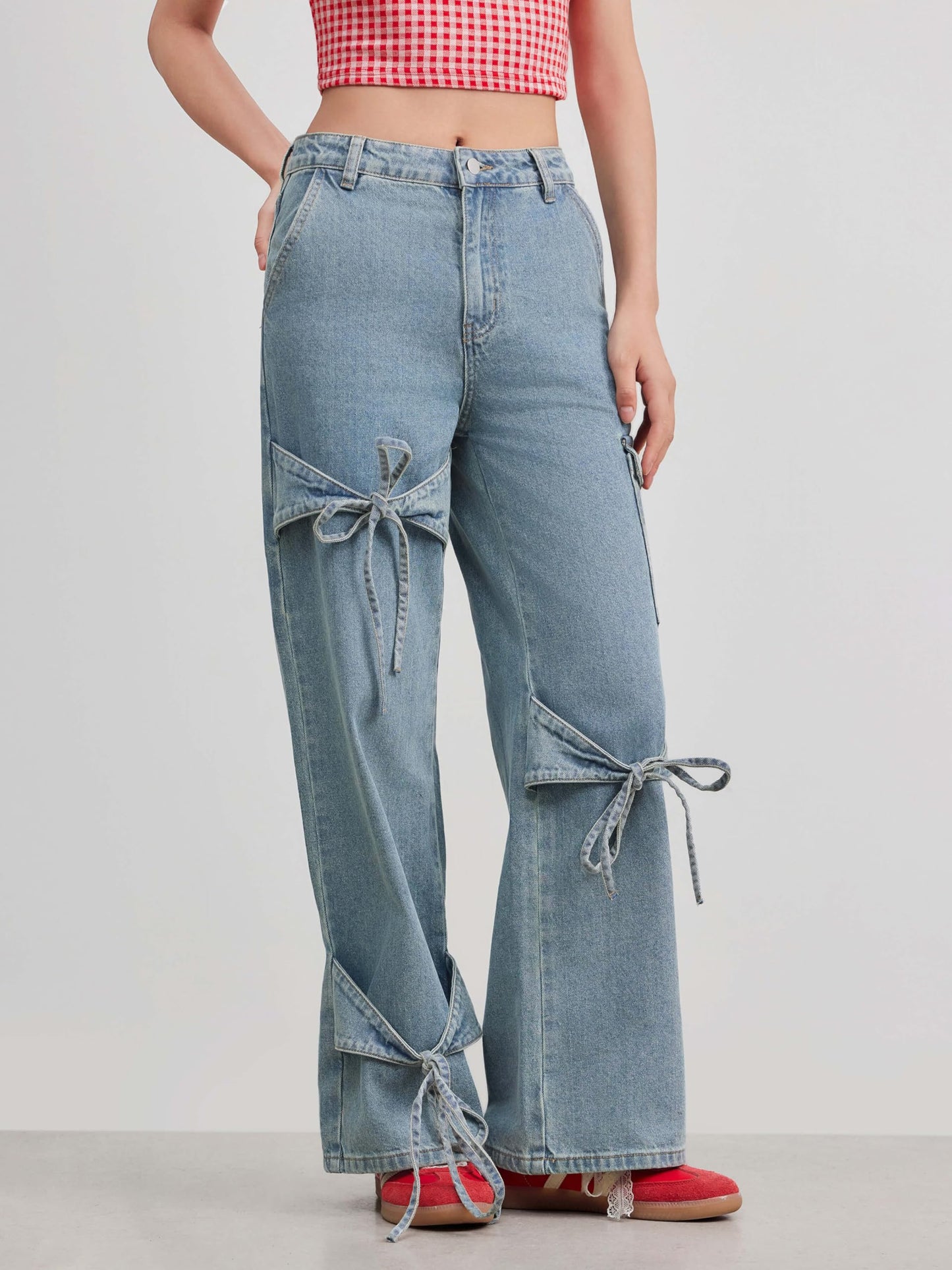 CIDER Baggy Jeans for Women Low Waisted Wide Straight Leg Bow Jeans Denim Pants Beige