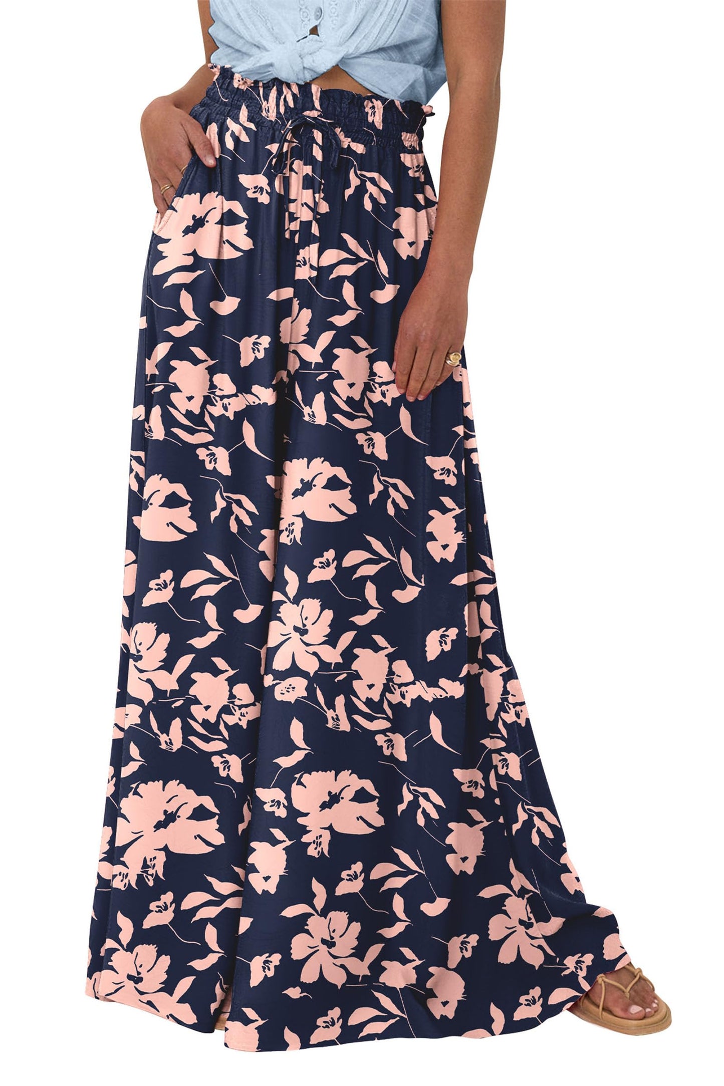 PRETTYGARDEN Women's 2025 Summer Wide Leg Palazzo Pants High Waisted Flowy Pockets Trendy Casual Lounge Boho Beach Trousers (Print Black,Small)