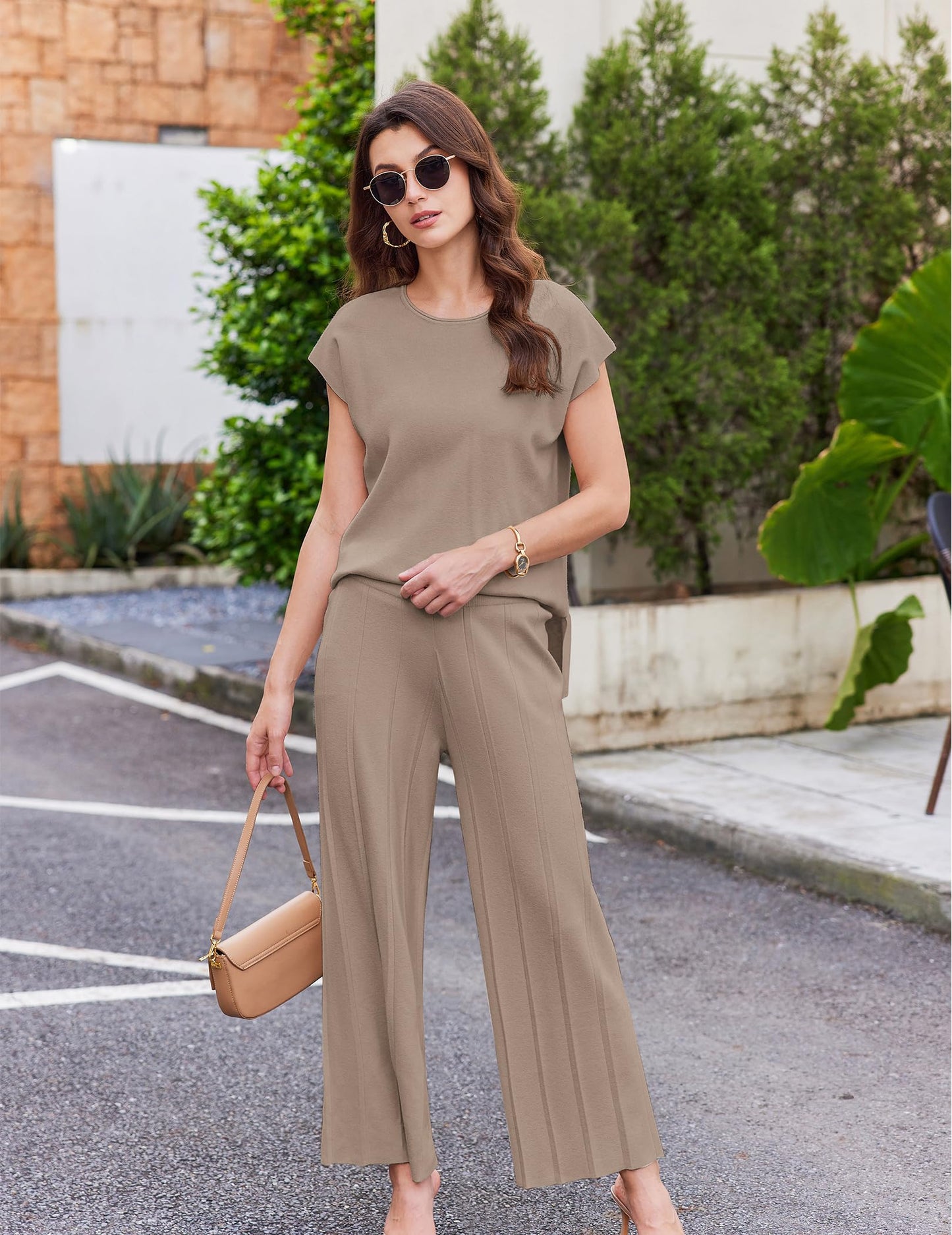 Ekouaer Lounge Sets for Women Two Piece Outfits Knit Cap Sleeve Tops Wide Leg Pleated Pants Casual Dressy Sweater Sets Beige