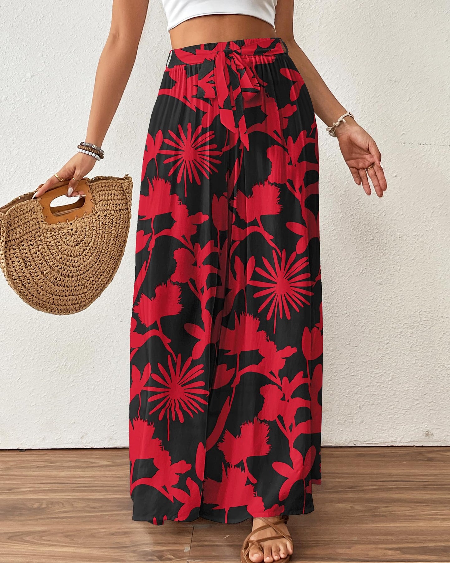 Bsubseach Wide Leg Pants Woman Flowy Floral Palazzo Pants for Women High Waisted Summer Casual Trousers Cruise Outfits Dark Green XS