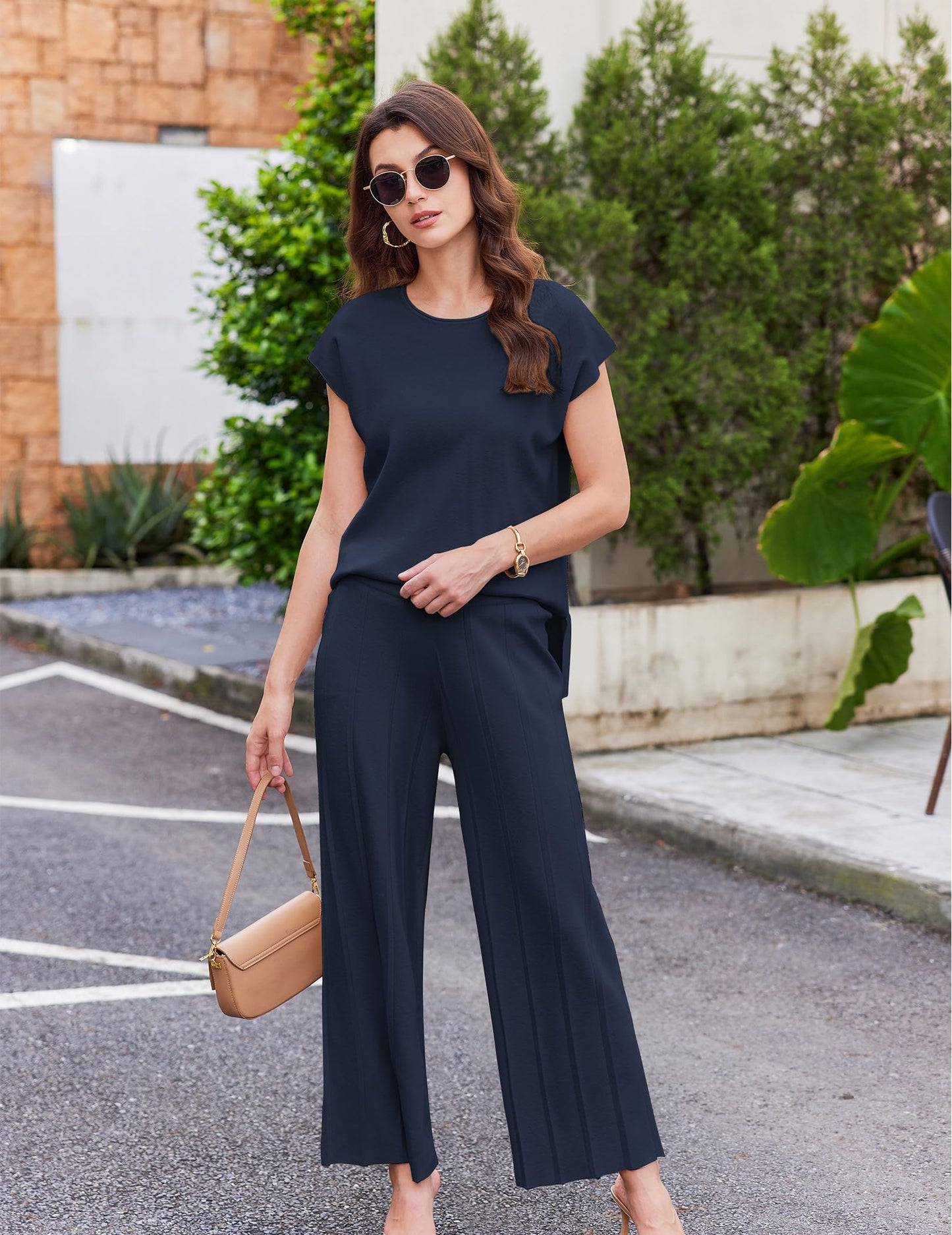 Ekouaer Lounge Sets for Women Two Piece Outfits Knit Cap Sleeve Tops Wide Leg Pleated Pants Casual Dressy Sweater Sets Beige