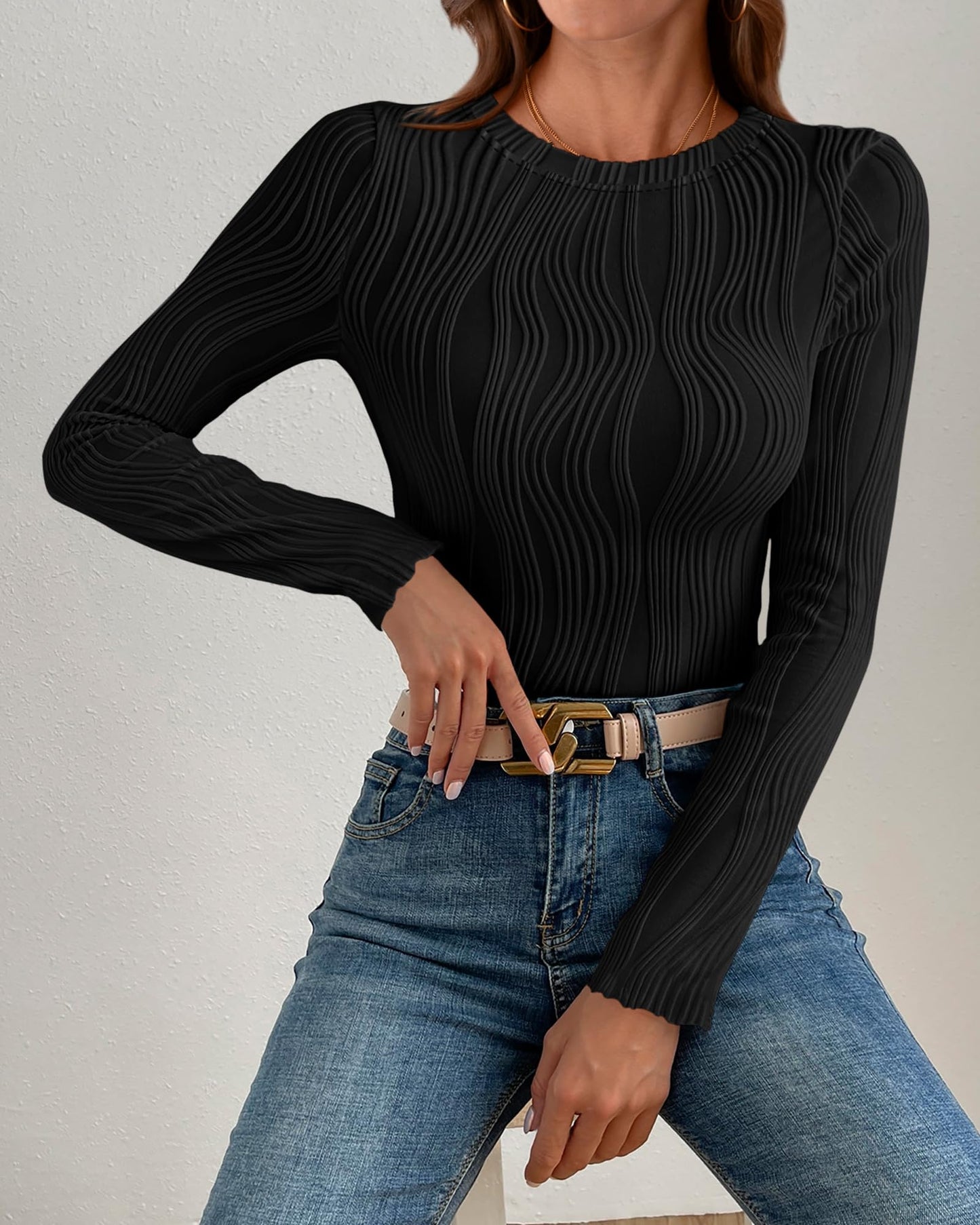 PRETTYGARDEN Women's Tops 2025 Spring Fashion Long Sleeve Crewneck Blouses Slim Fit Shirts Textured Knit Basic T Shirts(Khaki,Large)