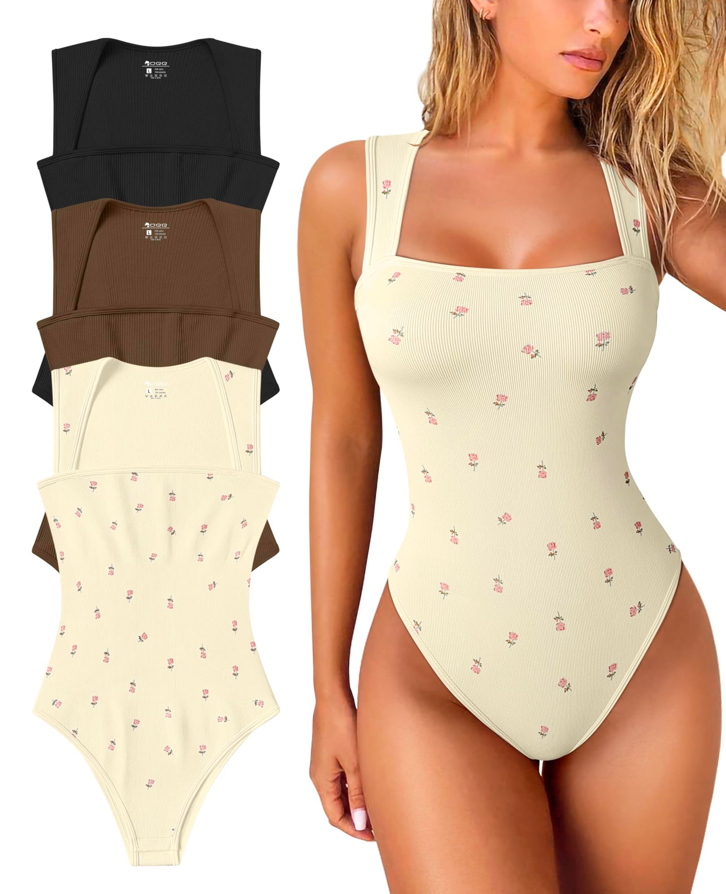 OQQ Women's 3 Piece Bodysuits Sexy Ribbed Strappy Square Neck Sleeveless Tummy Control Tank Tops Bodysuits Black Coffee Beige