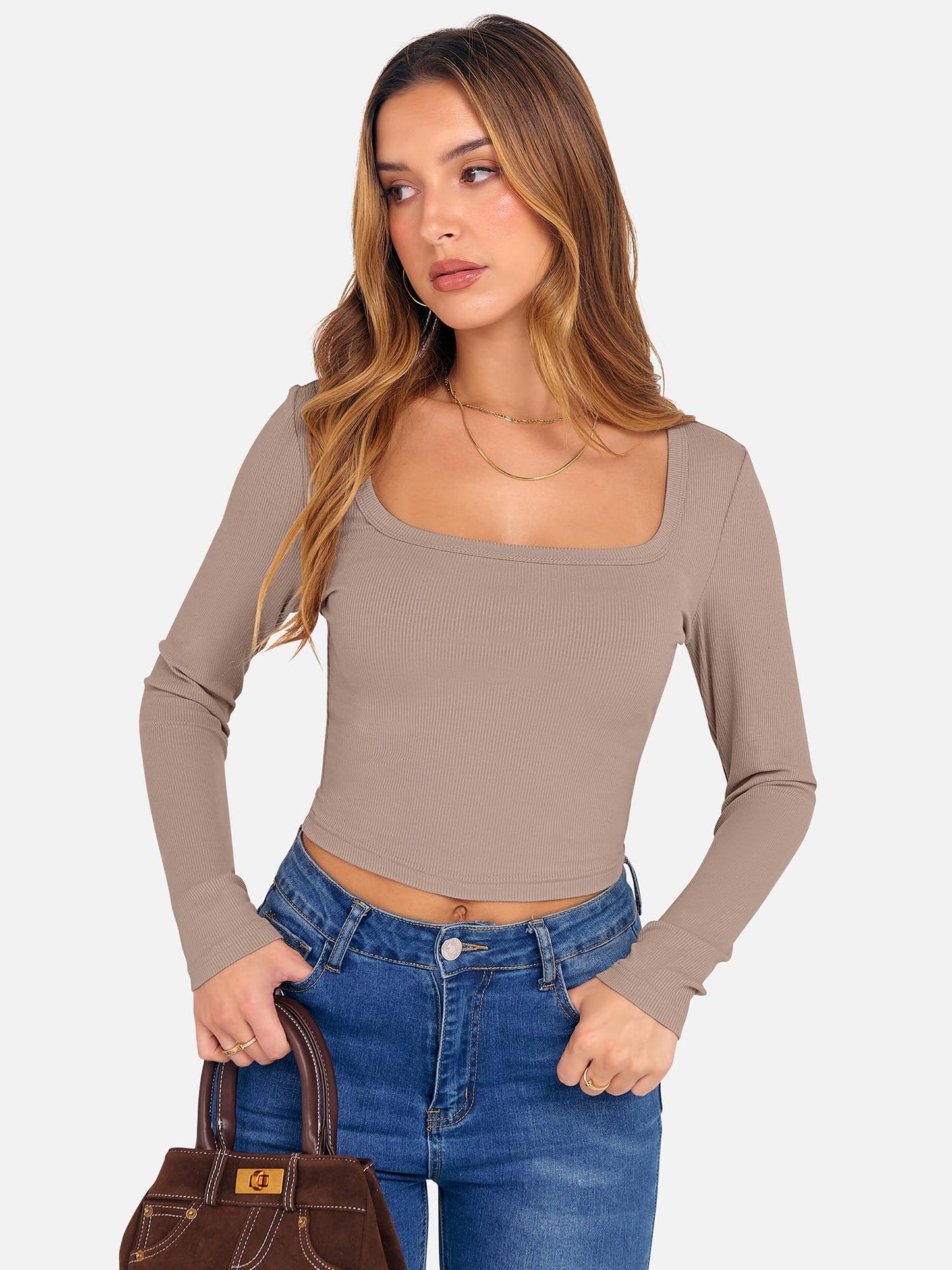 ANRABESS Women's Long Sleeve Crop Top Square Neck Ribbed Slim Fitted Shirts Casual Workout Basic Tees 2025 Fall Y2k Clothes Khaki Small