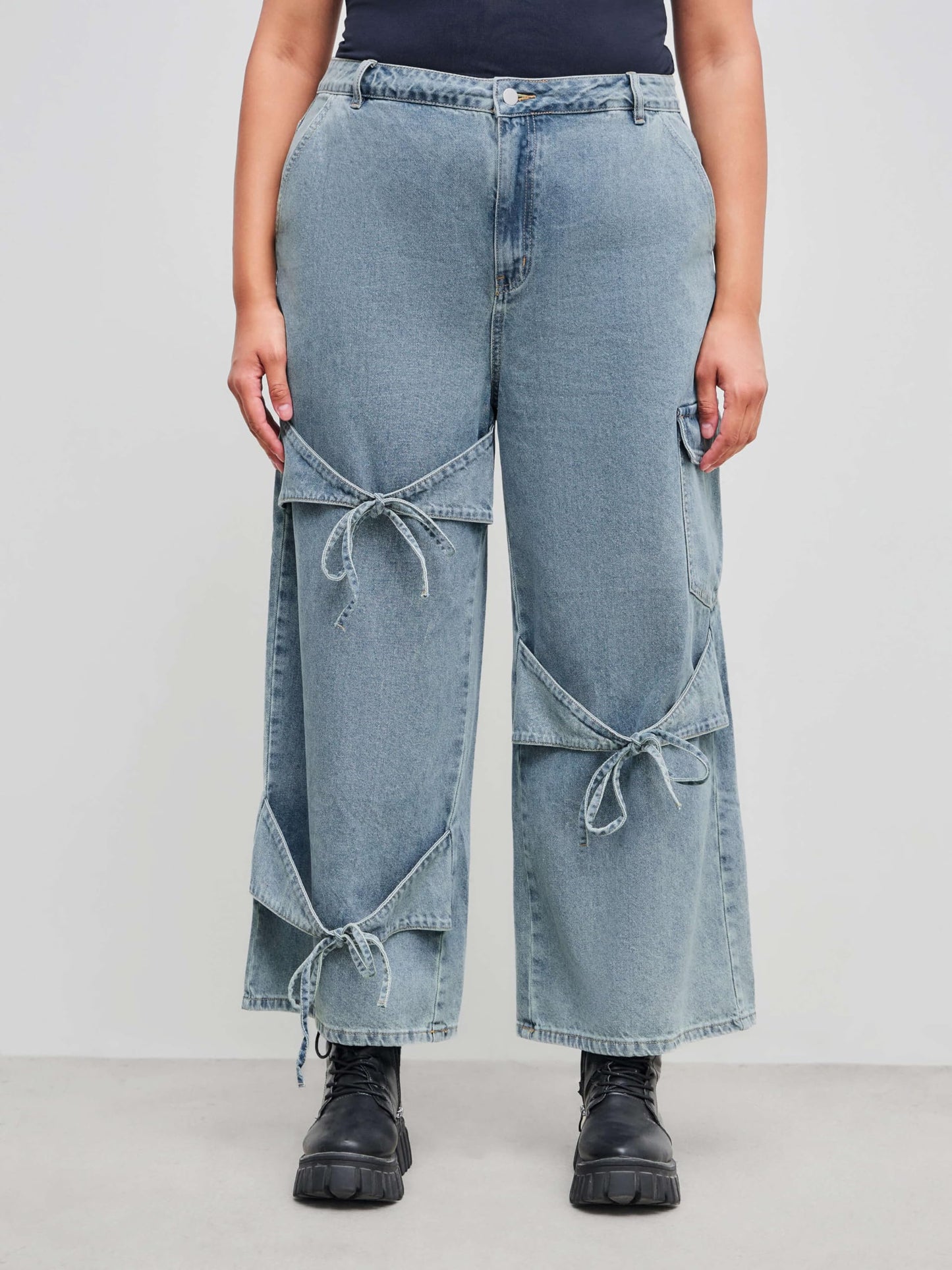 CIDER Baggy Jeans for Women Low Waisted Wide Straight Leg Bow Jeans Denim Pants Beige
