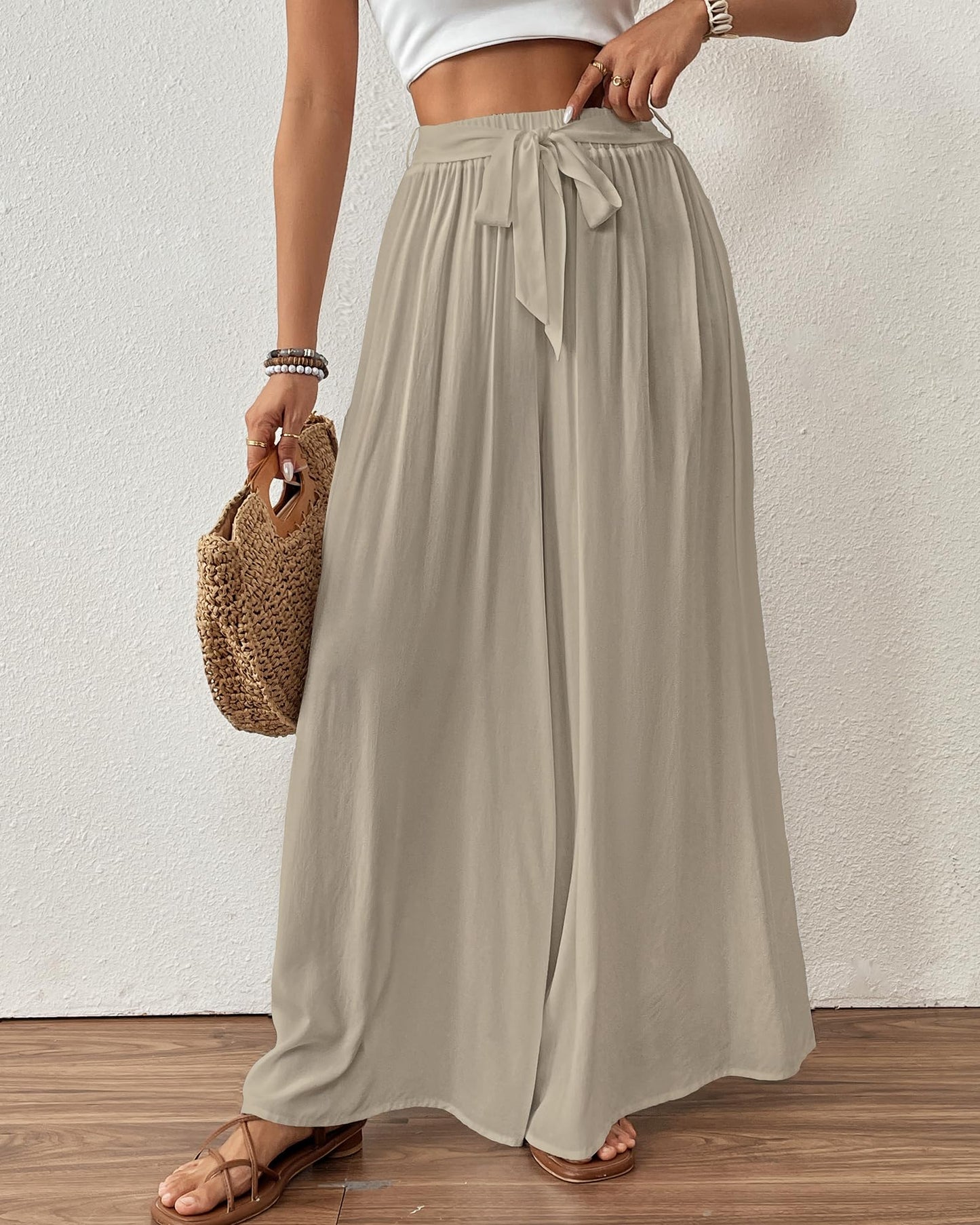 Bsubseach Wide Leg Pants Woman Flowy Floral Palazzo Pants for Women High Waisted Summer Casual Trousers Cruise Outfits Dark Green XS
