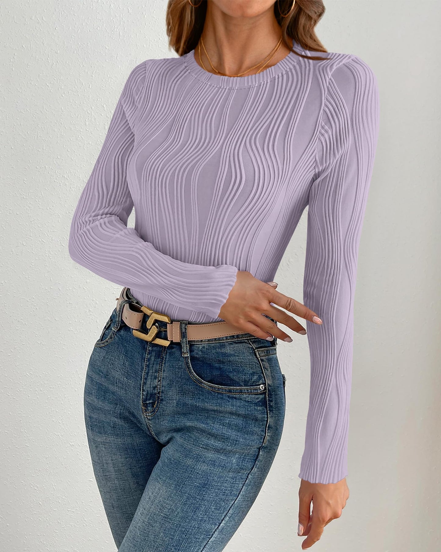 PRETTYGARDEN Women's Tops 2025 Spring Fashion Long Sleeve Crewneck Blouses Slim Fit Shirts Textured Knit Basic T Shirts(Khaki,Large)