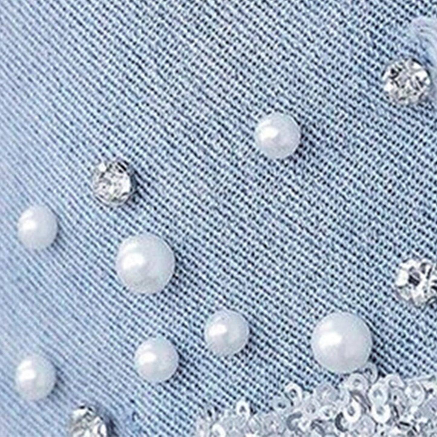 Cyparel Women's Rhinestone Jeans High Waist Pearls Beaded Fringe Tassels Frayed Butt Lifting Stretch Skinny Denim Pants Light Blue