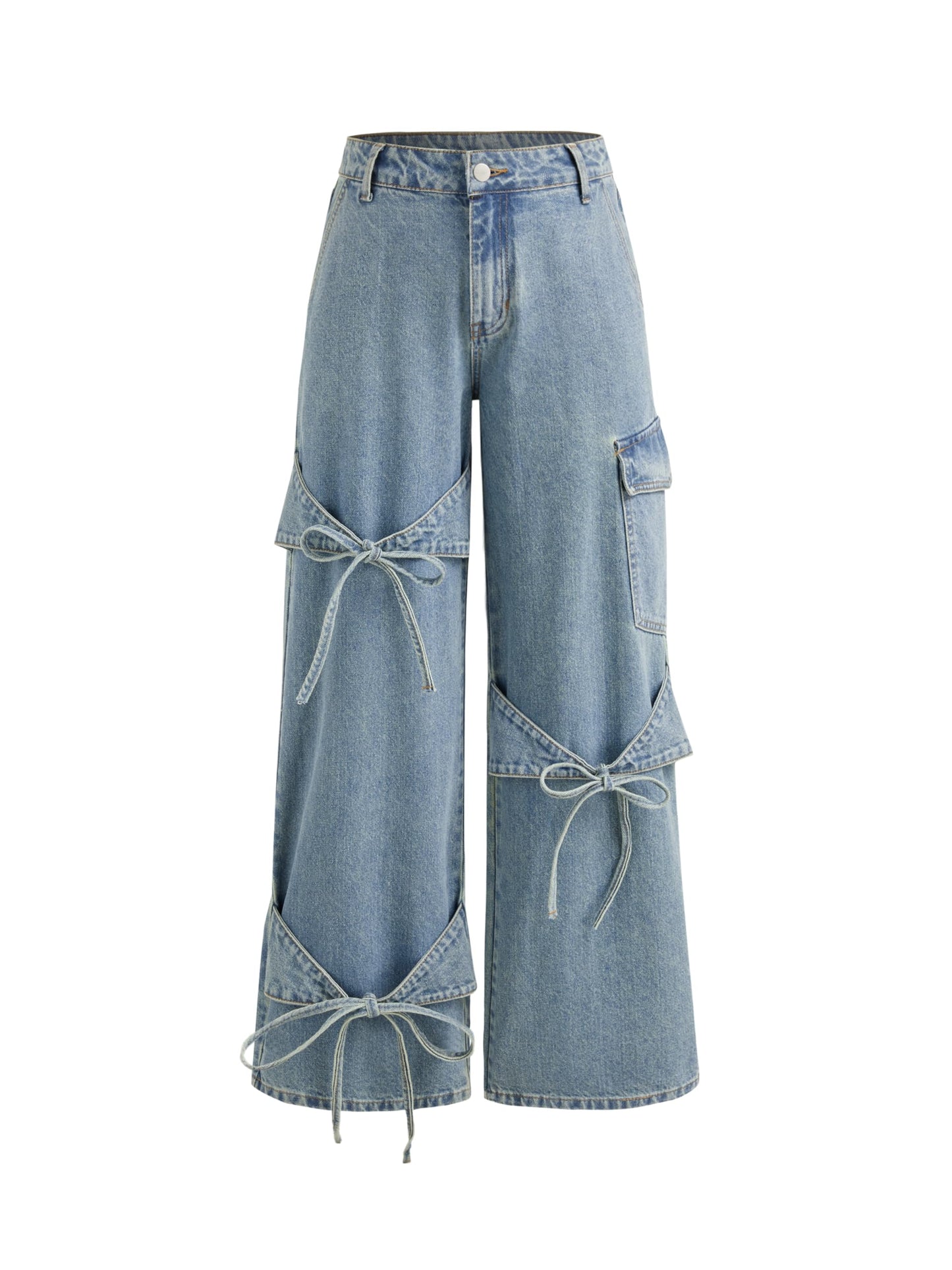 CIDER Baggy Jeans for Women Low Waisted Wide Straight Leg Bow Jeans Denim Pants Beige