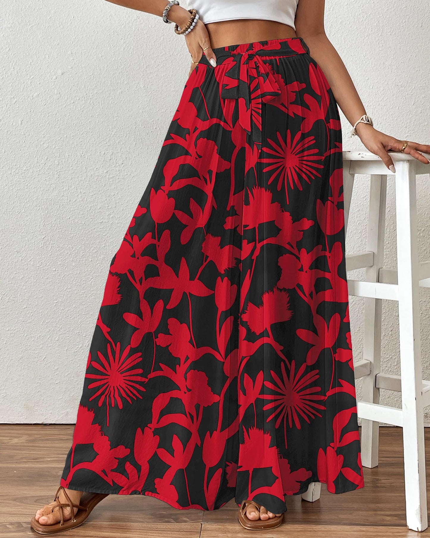 Bsubseach Wide Leg Pants Woman Flowy Floral Palazzo Pants for Women High Waisted Summer Casual Trousers Cruise Outfits Dark Green XS