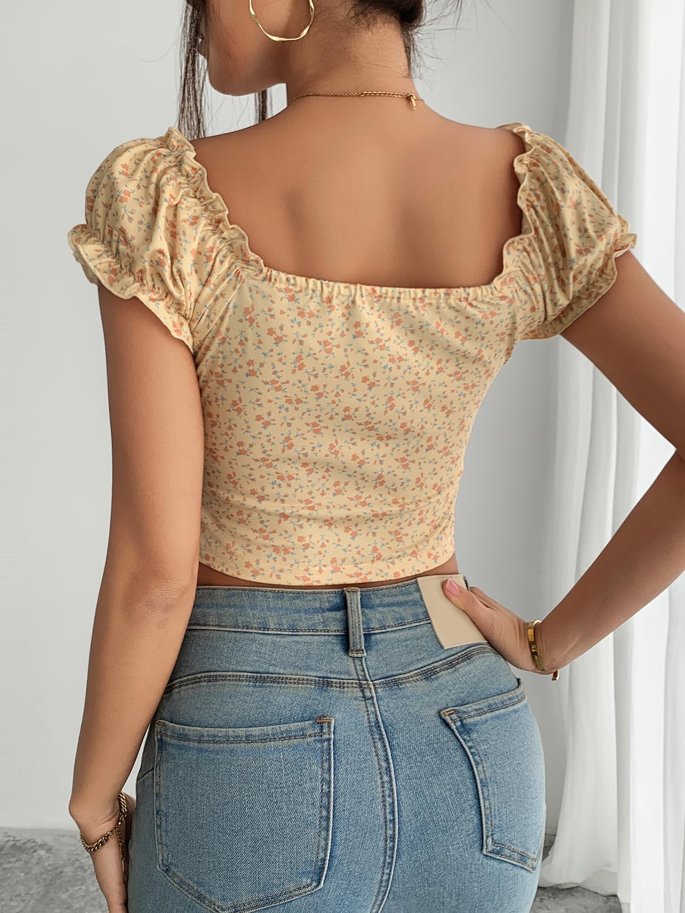 EWFKJ Smocked Crop Top for Women's Slim Fit Floral Peasant Blouse (US, Alpha, Small, Regular, Regular, Yellow)